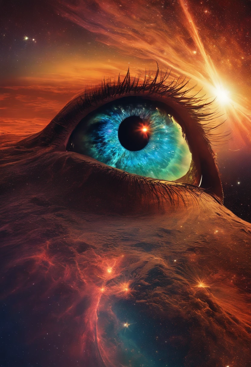dreamlikeart, [light, paint, jwst, spiral galaxy, cosmic horrors beyond comprehension:ink, shadow,:0.25], big man, eyes, pupils, dublex, mountainous horizon, sun, [glitch|databending]