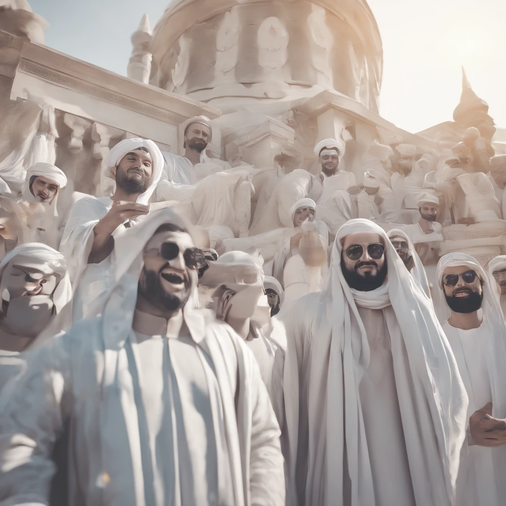 close shot of group of Arabic men in a white marble statues shape and style , facing the viewer, the front man holding a phone as if they are taking selfie together, facing the camera, real selfie, smiling at the camera, ultra high details, High contrast between light and shadow, professional photo-shooting, List of Utreria, Amount of light, cinematic light