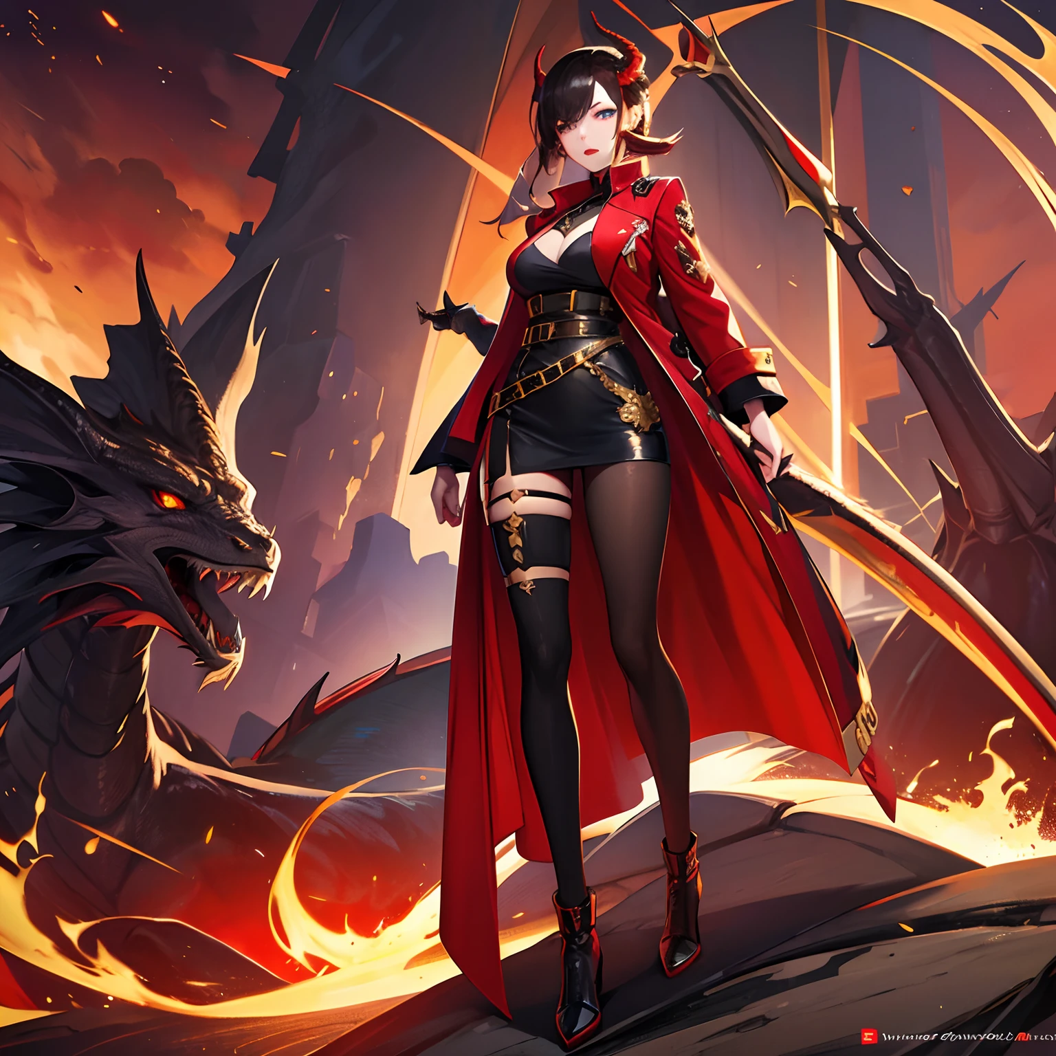 Tall woman, brunette, short hair, gold-blue eyes, long boots, red and black outfit modern with oriental elements, dragon horns and dragon tail, red lipstick, in jacket with golden elements