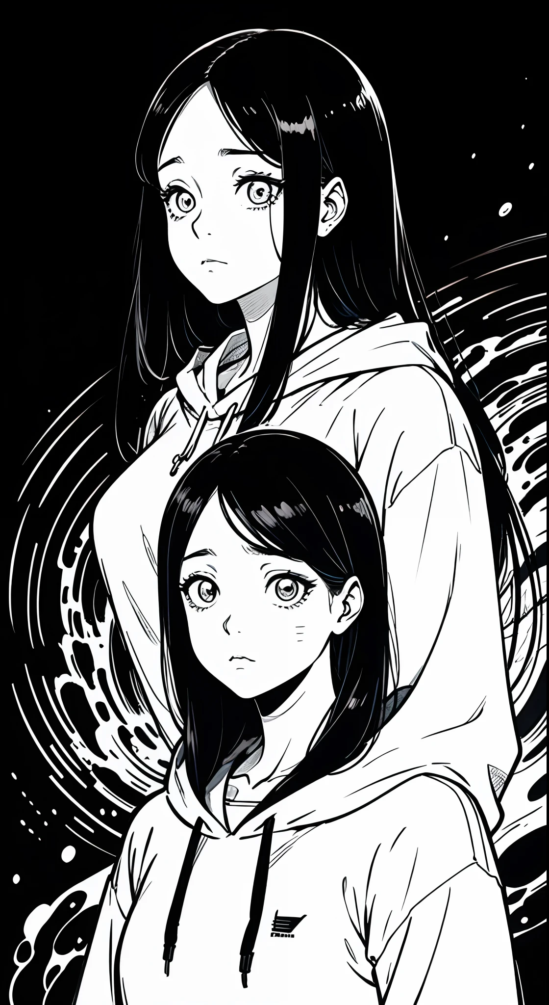 Woman with long black hair, black hoodie, Black background, sorrow, watery eyes, depression, Expressionless, Upper body only, Rough lines of expression, Expressive lines, Dark lines, Tight lines, Intense line work, Masterpiece, Best Quality, super fine, Extremely delicate and beautiful, Horror cartoons, Black and white cartoons, Draw black and white lines, Junji Ito(Junji Ito)Inspired by, Junji Ito's art style, hand drawn, Extremely fine,