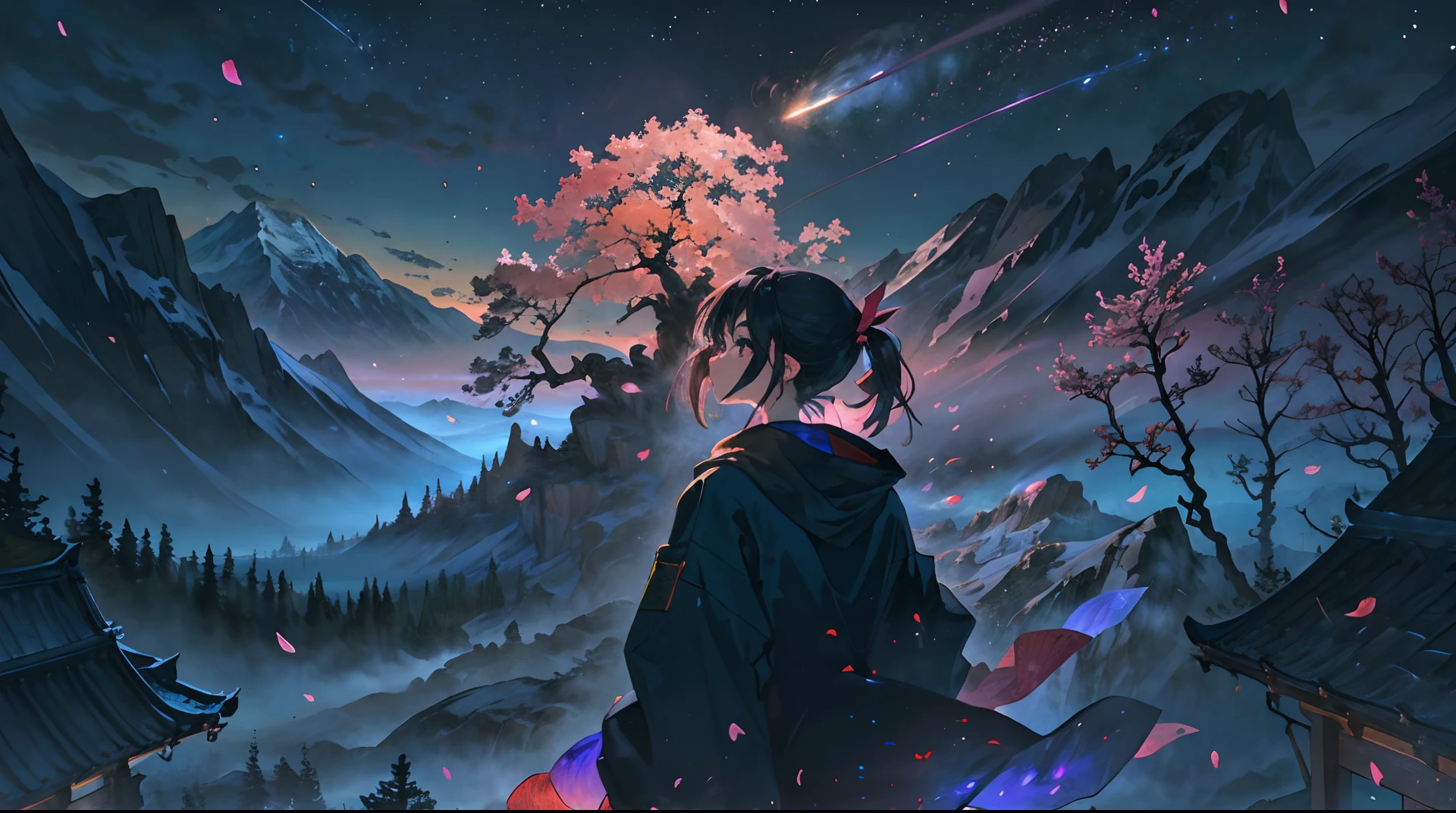 (Best quality, Masterpiece),(1girll, miko, Coat, expression face, Black eyes, look at front ,Black hair, Walking, Upper body), (Night sky, Huge old tree at the back, Glowing pink petals that fall behind, The shrine in the back, Mountain background, Blowing wind, Meteorite nebula)
