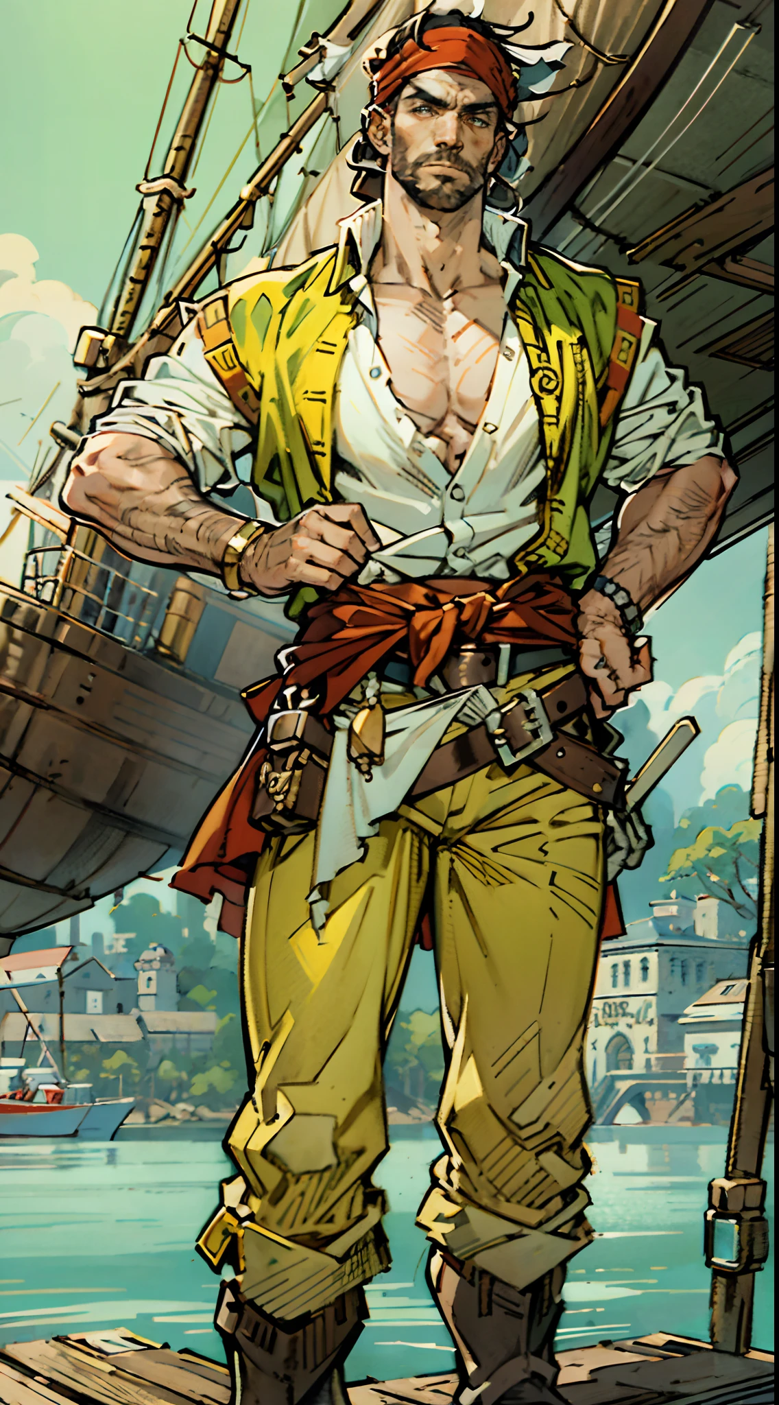 A middle-aged man with short brown hair, wearing a headscarf, has a Northern European face, a cold and stern gaze, a neatly trimmed beard, he wears a peculiar fantasy-style outfit, a uniquely tailored tight vest, that exposes much of his upper body, revealing well-defined muscles, a red cloth belt around his waist and wears, wears yellow cloth trousers, knee-high leather boots, he stands on the dock, with a large wooden sailboat in the background, this character embodies a finely crafted fantasy-style pirate in anime style, characterized by an exquisite and mature manga illustration art style, high definition, best quality, highres, ultra-detailed, ultra-fine painting, extremely delicate, professional, anatomically correct, symmetrical face, extremely detailed eyes and face, high quality eyes, creativity, RAW photo, UHD, 8k, Natural light, cinematic lighting, masterpiece:1.5