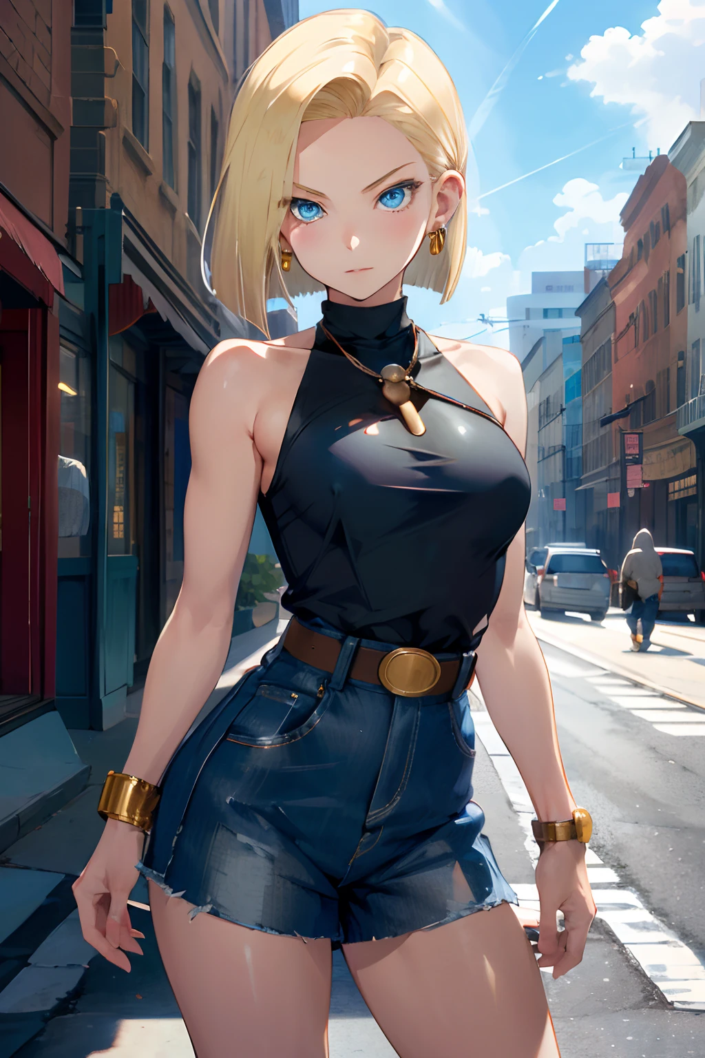 best quality, highres, and18, 1girl, android 18, solo, blonde hair, blue eyes, short hair, earrings, jewelry, medium breasts, cowboy shot, street,