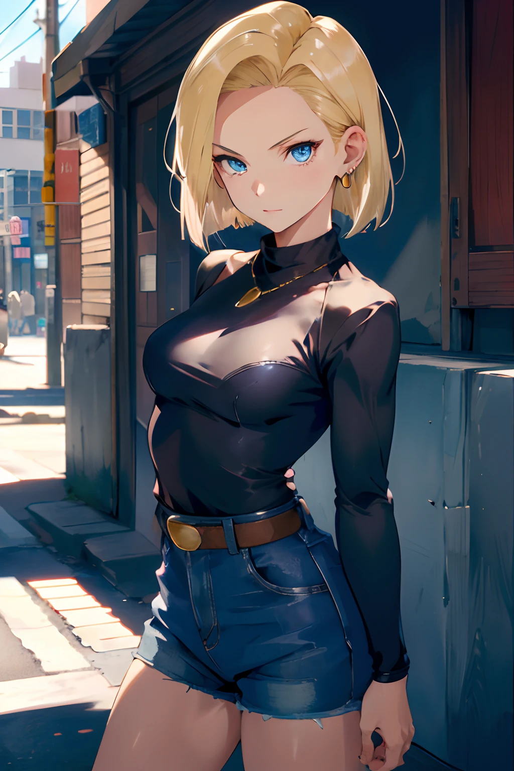 nsfw, ultra-high resolution, best quality, highres, and18, 1girl, android 18, solo, blonde hair, blue eyes, short hair, earrings, jewelry, denim vest, open vest, black pantyhose, black shirt, denim skirt, striped long sleeves, blue skirt, medium breasts, cowboy shot, street, (Externally expanded Chest:1.2), (Strapless:1.2), off-the-shoulder, bent over, forest