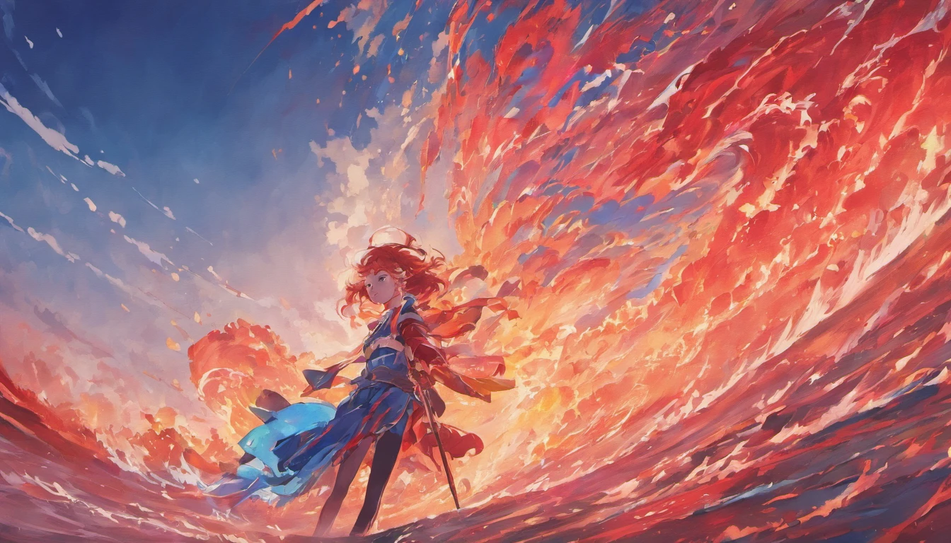 Red disperses outward, blue waves white clouds