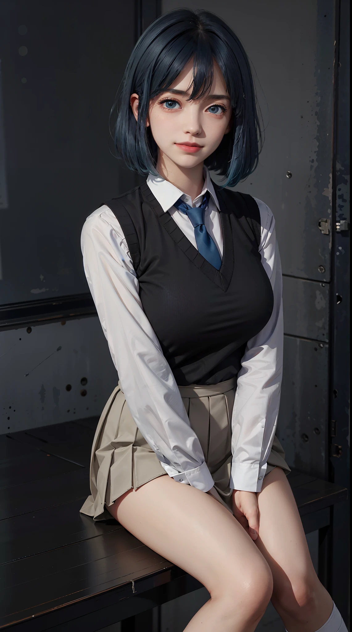 (Masterpiece: 1.3), Best Quality, Ultra High Resolution, 1girll, (big boobs:1.1), (blue hair, green eyes, bangs, short hair) ((girl akanekurokawa )) pe rfect eyes, has an extremely sexy body, with full breasts and a thin waist, and an extremely sexy body, skirt, socks, sneakers, shoes, white footwear, black socks, pleated skirt, kneehighs, white shirt, blue necktie,  long sleeves, vest, collared shirt,  ,has a bold look. young, quality, Ultra high Detail, realistic, cute expression, shy smile, calm, convenience store, street, c ity, (sit down)