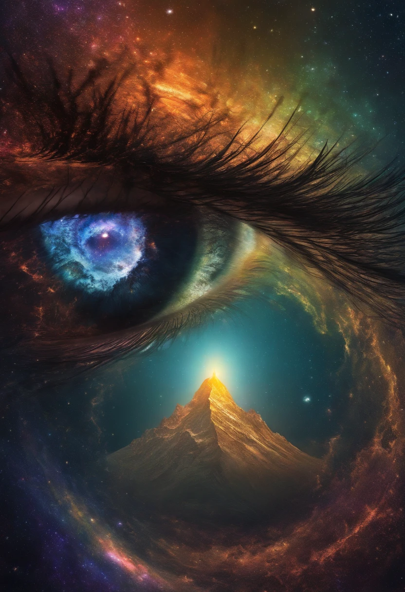 dreamlikeart, [light, paint, jwst, spiral galaxy, cosmic horrors beyond comprehension:ink, shadow,:0.25], big man, eyes, pupils, dublex, mountainous horizon, sun, [glitch|databending]