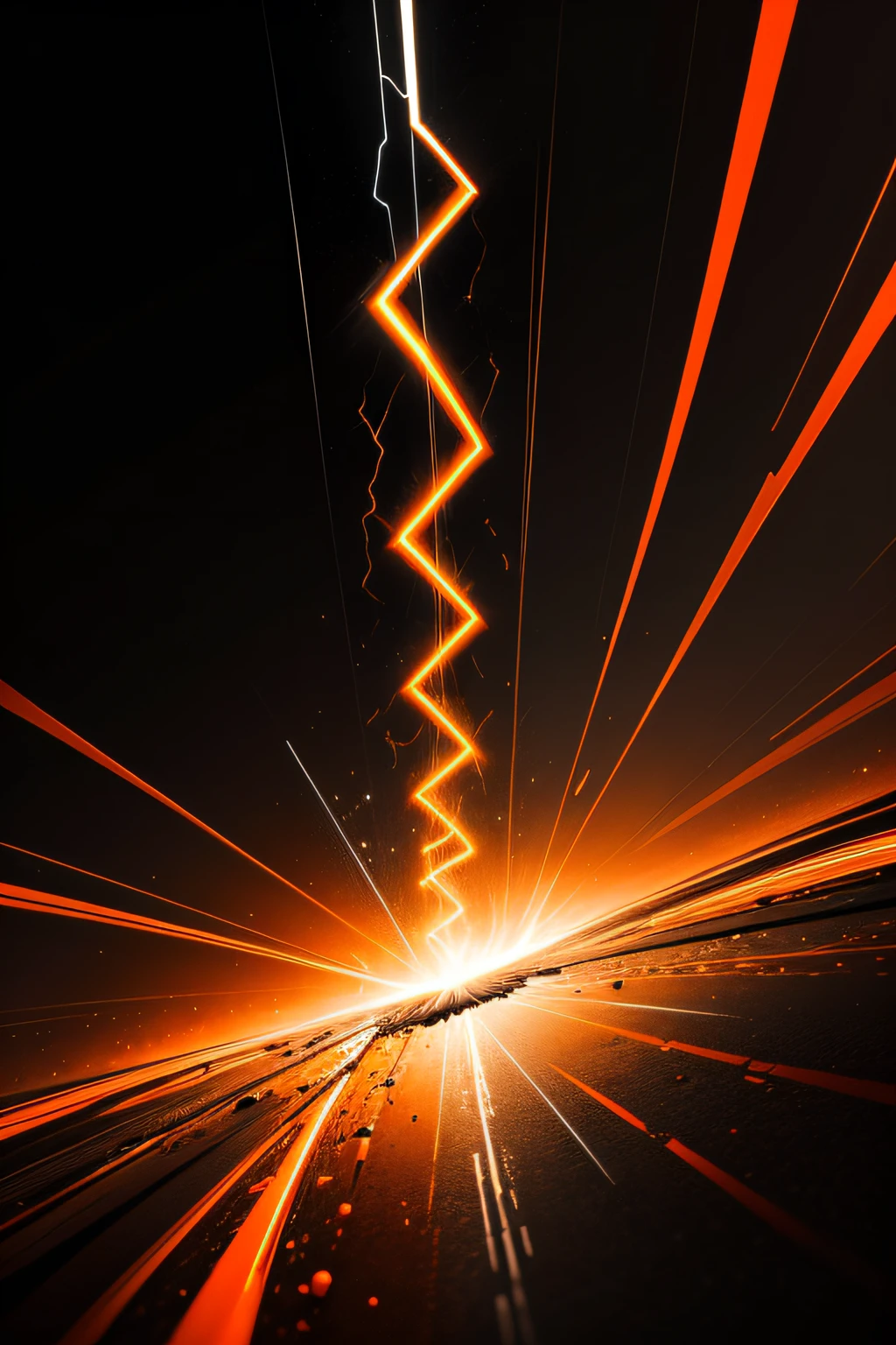 Orange lightning bolt on black background,(Best Quality, hight resolution, Ultra-detailed), Intense Contrast, bright colours, dramatic lighting, Abstract art, long exposure, Electrifying energy, Powerful & Dynamic, minimalistic style
