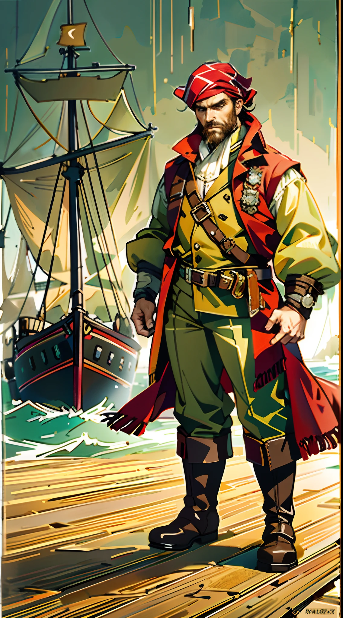A middle-aged man with short brown hair, wearing a headscarf, has a Northern European face, a cold and stern gaze, a neatly trimmed beard, he wears a peculiar fantasy-style outfit, a uniquely tailored tight vest, that exposes much of his upper body, revealing well-defined muscles, a red cloth belt around his waist and wears, wears yellow cloth trousers, knee-high leather boots, he stands on the dock, with a large wooden sailboat in the background, this character embodies a finely crafted fantasy-style pirate in anime style, characterized by an exquisite and mature manga illustration art style, high definition, best quality, highres, ultra-detailed, ultra-fine painting, extremely delicate, professional, anatomically correct, symmetrical face, extremely detailed eyes and face, high quality eyes, creativity, RAW photo, UHD, 8k, Natural light, cinematic lighting, masterpiece:1.5