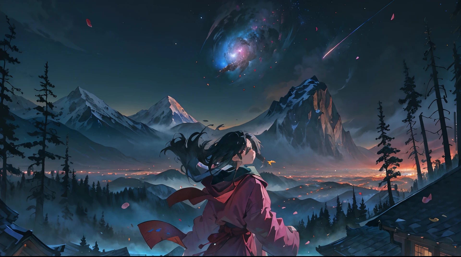 (Best quality, Masterpiece),(1girll, miko, Coat, expression face, Black eyes, look at front ,Black hair, Walking, Upper body), (Night sky, Huge old tree at the back, Glowing pink petals that fall behind, The shrine in the back, Mountain background, Blowing wind, Meteorite nebula)