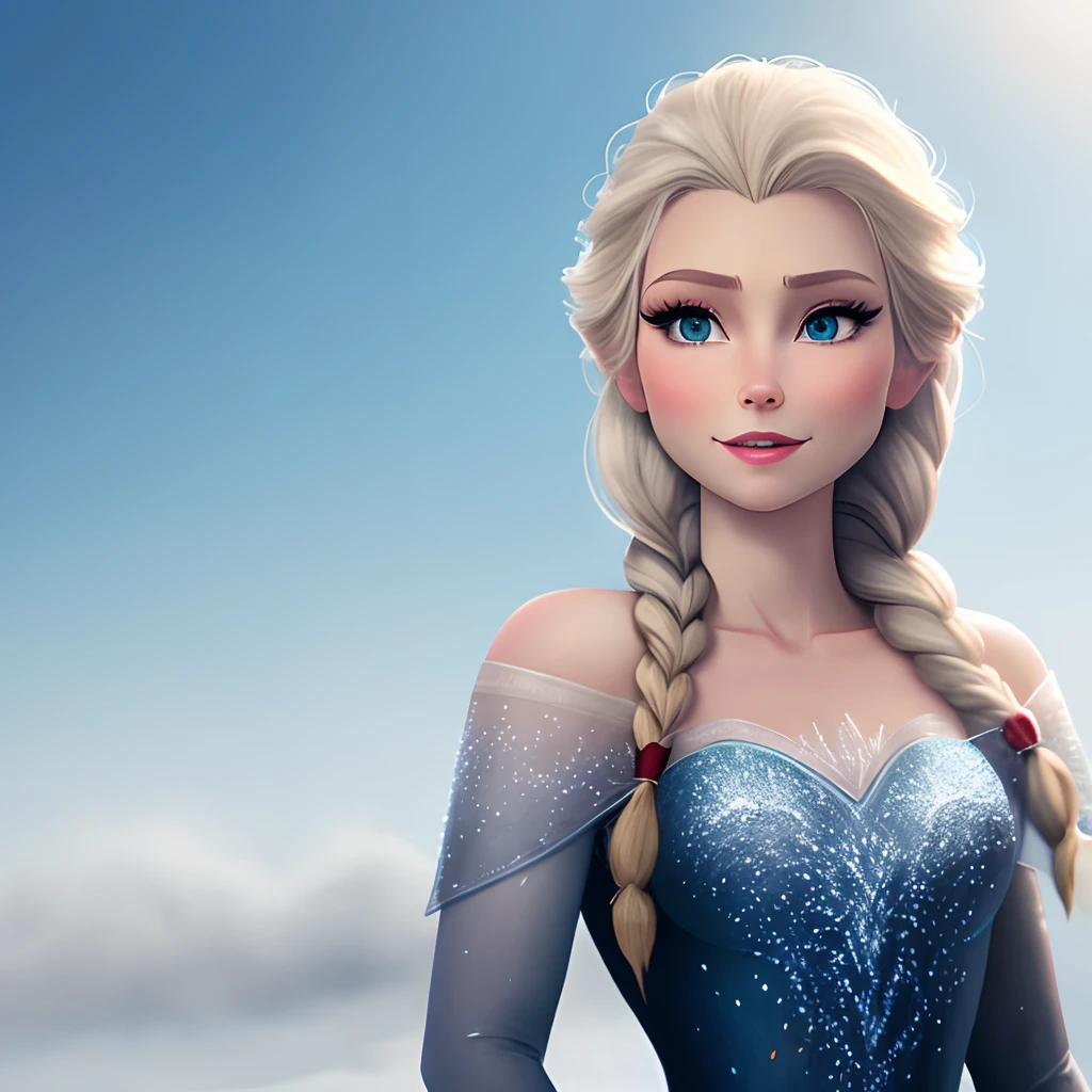 (masterpiece, best quality:1.2), Elsa, 1girl, solo, looking at viewer, blue dress, from frozen, cleavage, long white hair, blue skirt, blue eyes, sexy smirk, frozen castle, 