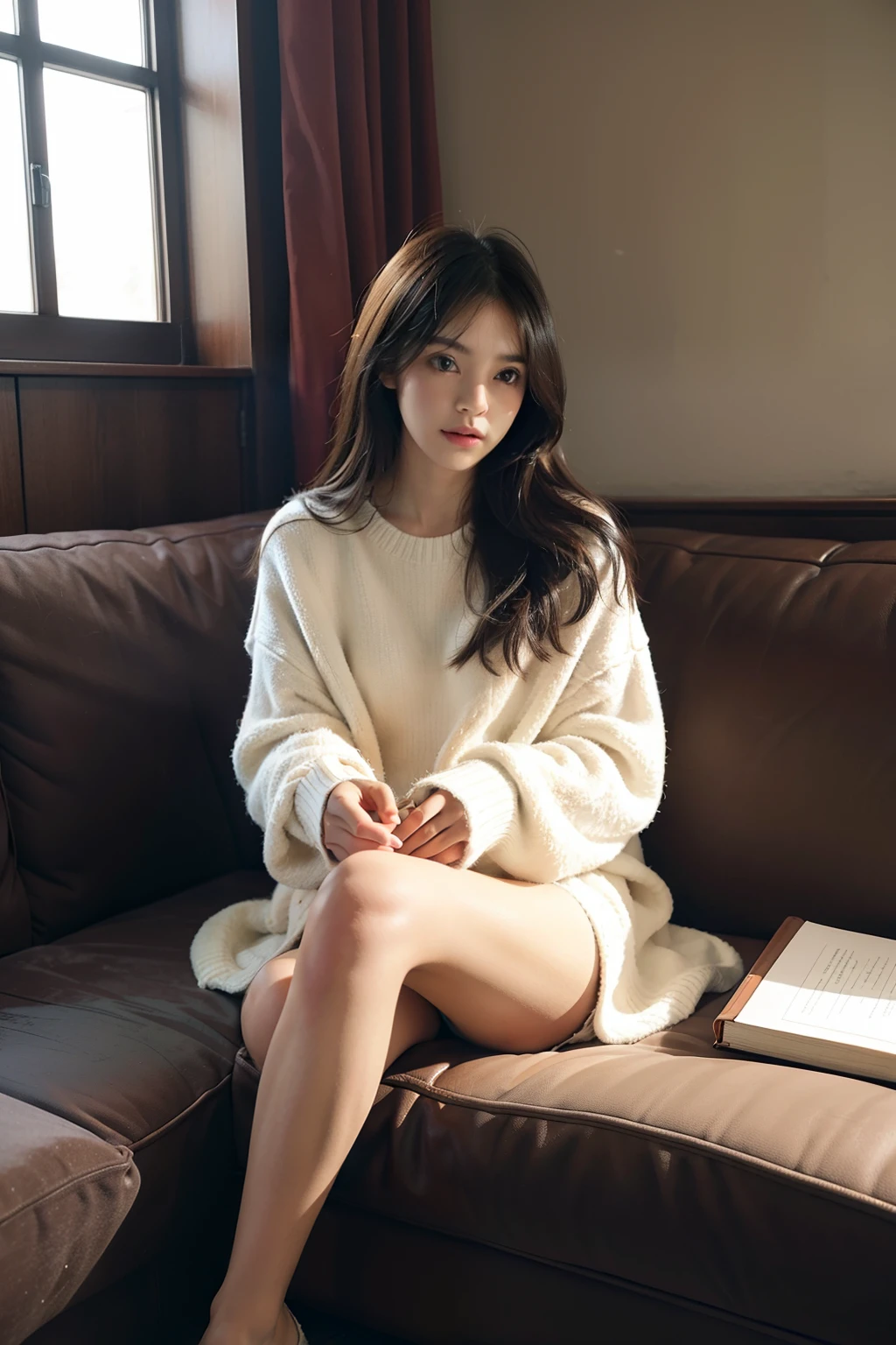 1girl in,Sitting on a cozy sofa,cross one's legs,Soft light、bura、show through