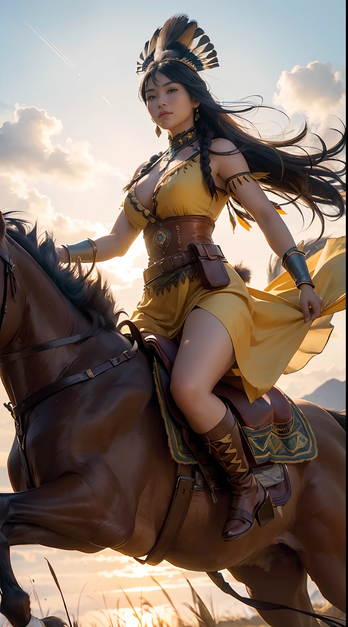 ((masterpiece)), ((best quality)), ((highres)), extremely detailed)), ((1 girl as Pocahontas)), full body, Native American woman, young beautiful woman, Big breast, (super realistic), (peerless beauty), detailed skin texture, detailed cloth texture, beautiful detailed face, intricate details, ultra detailed, indigenes feather jewelry, feather headdress, ((traditional yellow handmade dress)) ((armed female hunter warrior)), dynamic pose, on desert, riding a horse, aiming the spear, ultra realistic, concept art, elegant, ((intricate)), ((highly detailed)), depth of field, ((professionally color graded)), soft ambient lighting, dusk, (Best quality, A high resolution, Photorealistic, primitive, 8K,Masterpiece, ),Best quality, Masterpiec8K.hdr. High ribs:1.2, filmgrain, Blur bokeh:1.2, Lens flare, (vivd colour:1.2), (Delicate),