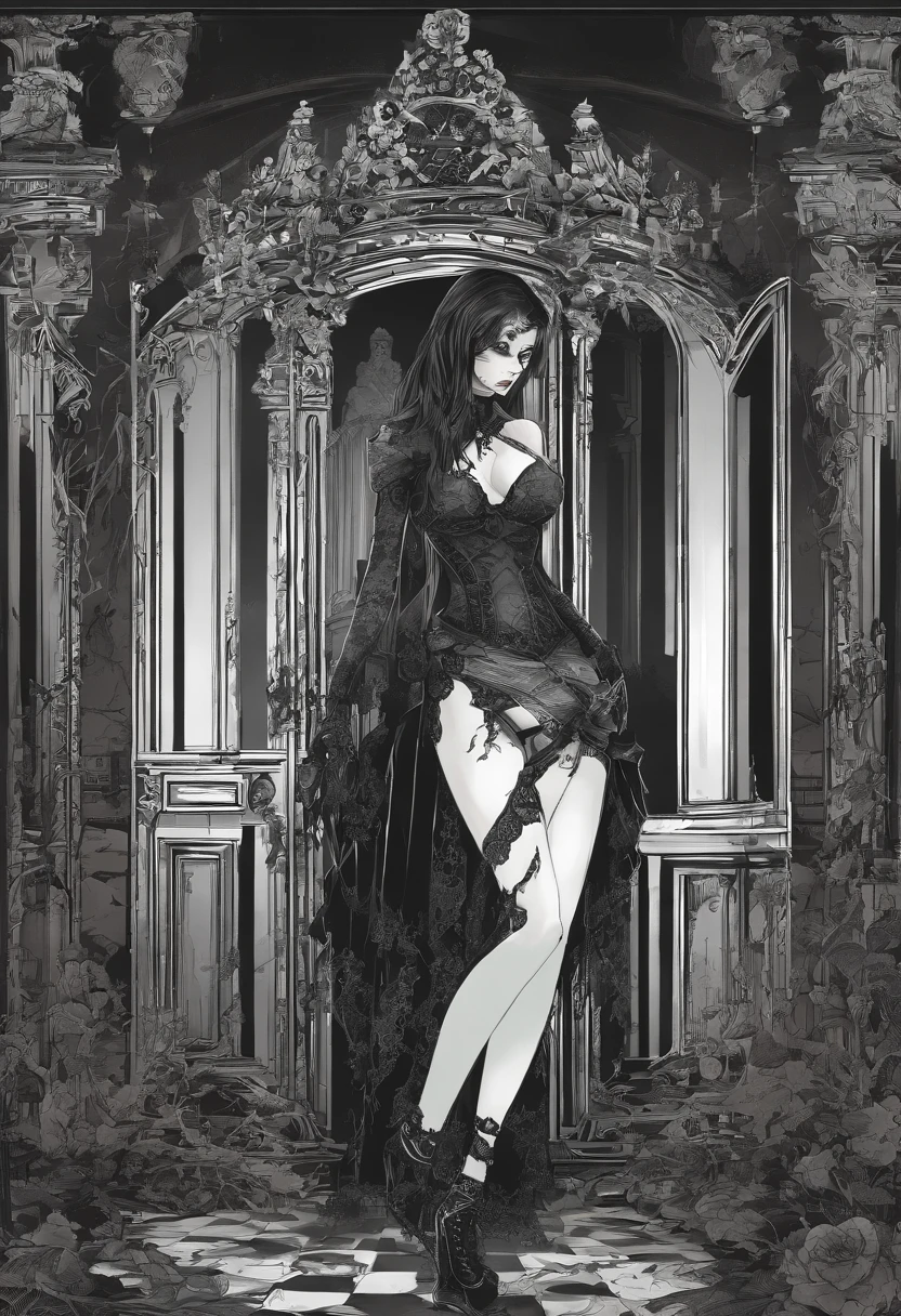 hot zombie girl in a haunted house, realism full body shot, head to foot, black hair, whole body, stockings, suspenders, underwear, lace, transparent