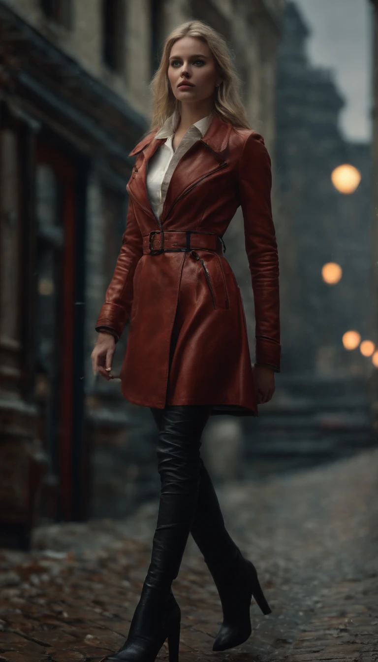 professional full body photo, (4k photo:1.1) by (Jeremy Lipking:0.3), (Dittmann Anna:0.3), (Arian Mark:0.3), (Sharp focus:1.3), Perfect face, Great lightning, high detail, blond hair, Instagram model pose, confident, fit girl, lean girl, L breasts:1.2, perfect anatomy, perfect symmetry:1.2, realistic, realistic face:1.2, perfect face, happy, confident, highly detailed, and dramatic, cinematic lighting, bright scene, soft lights, light blue eyes, under knee boots, hyperrealist, photorealistic, masterpiece, full body, red dress, wet hair, Wet dress, town at night, rain
