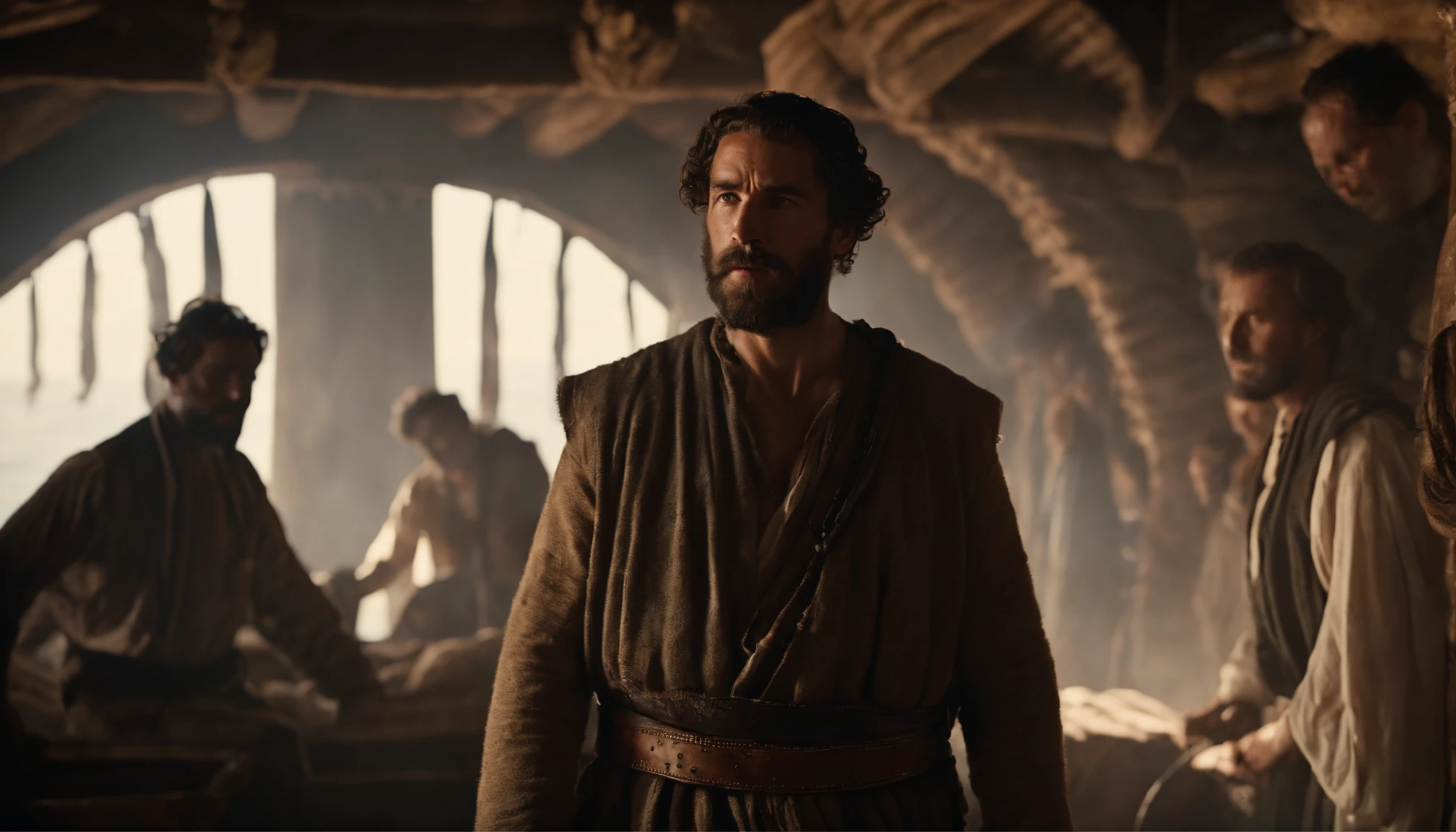Jonas, Character in the Old Testament of the Bible, In the hold of a ship talking to sailors. Bible passage.