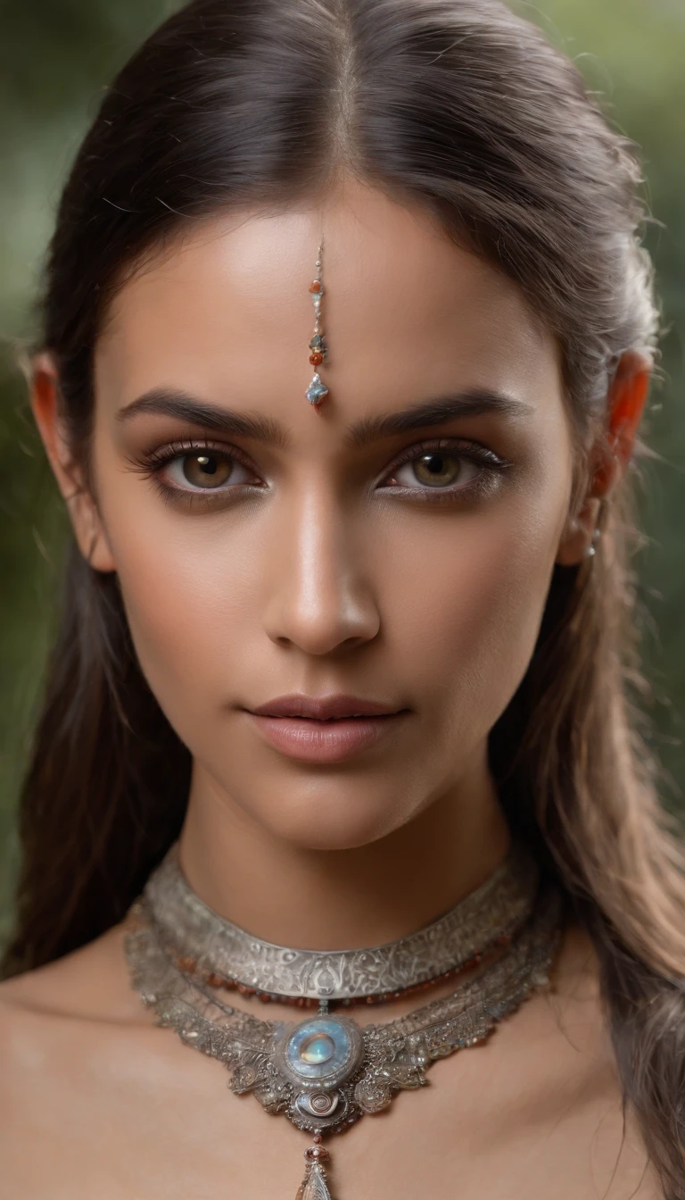 La mejor calidad ,Obra maestra multicolor, ultra-high-resolution, (realistic photograph:1.4),Skin Brown Beautiful Goddess Humanoid Cybernetic Indian Model ,surrealismo, Similar to a dream, FusionArt, Humanoid Indian Mystic Elves, Ethereal Magic Elves , Dream of humanoid elves , Cybernetic magic, Tono de sombra, Hechizos de elfo, Cristales, Detalles asombrosos, Indigenous Futurism