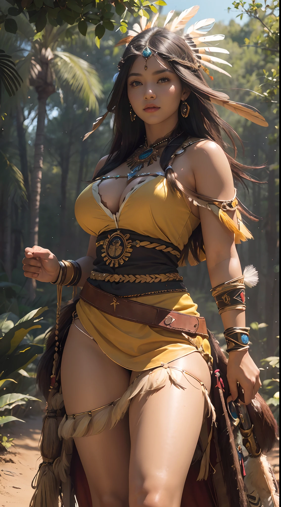 ((masterpiece)), ((best quality)), ((highres)), extremely detailed)), ((1 girl as Pocahontas)), full body,  Native American woman, beautiful woman, Big breast, (super realistic), (peerless beauty), detailed skin texture, detailed cloth texture, beautiful detailed face, intricate details, ultra detailed, indigenes feather jewelry, feather headdress, ((traditional yellow handmade dress)) ((armed female hunter warrior)), dynamic pose, on desert, riding a horse, aiming the spear, ultra realistic, concept art, elegant, ((intricate)), ((highly detailed)), depth of field, ((professionally color graded)), soft ambient lighting, dusk, (Best quality, A high resolution, Photorealistic, primitive, 8K,Masterpiece, ),Best quality, Masterpiec8K.hdr. High ribs:1.2, filmgrain, Blur bokeh:1.2, Lens flare, (vivd colour:1.2), (Delicate),