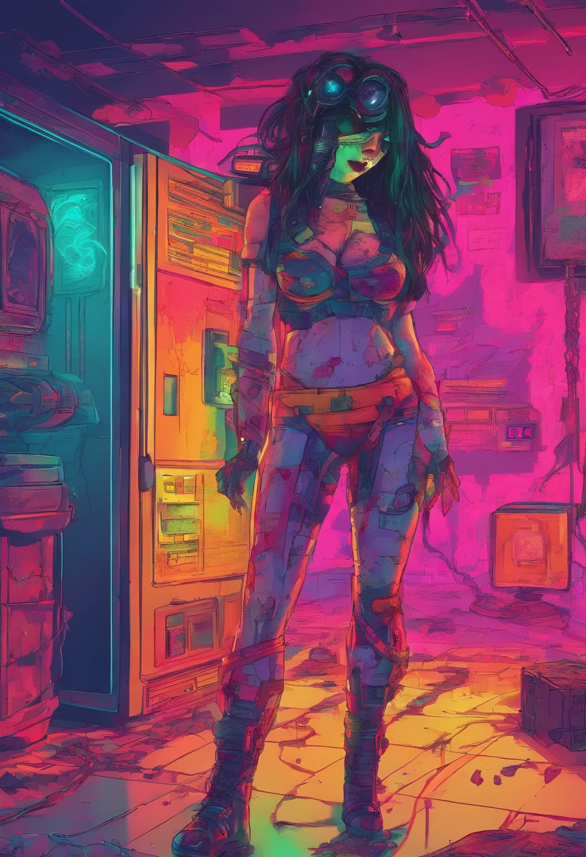 hot zombie girl in a haunted house, realism full body shot, head to foot, black hair, whole body, stockings, suspenders, underwear, lace, transparent