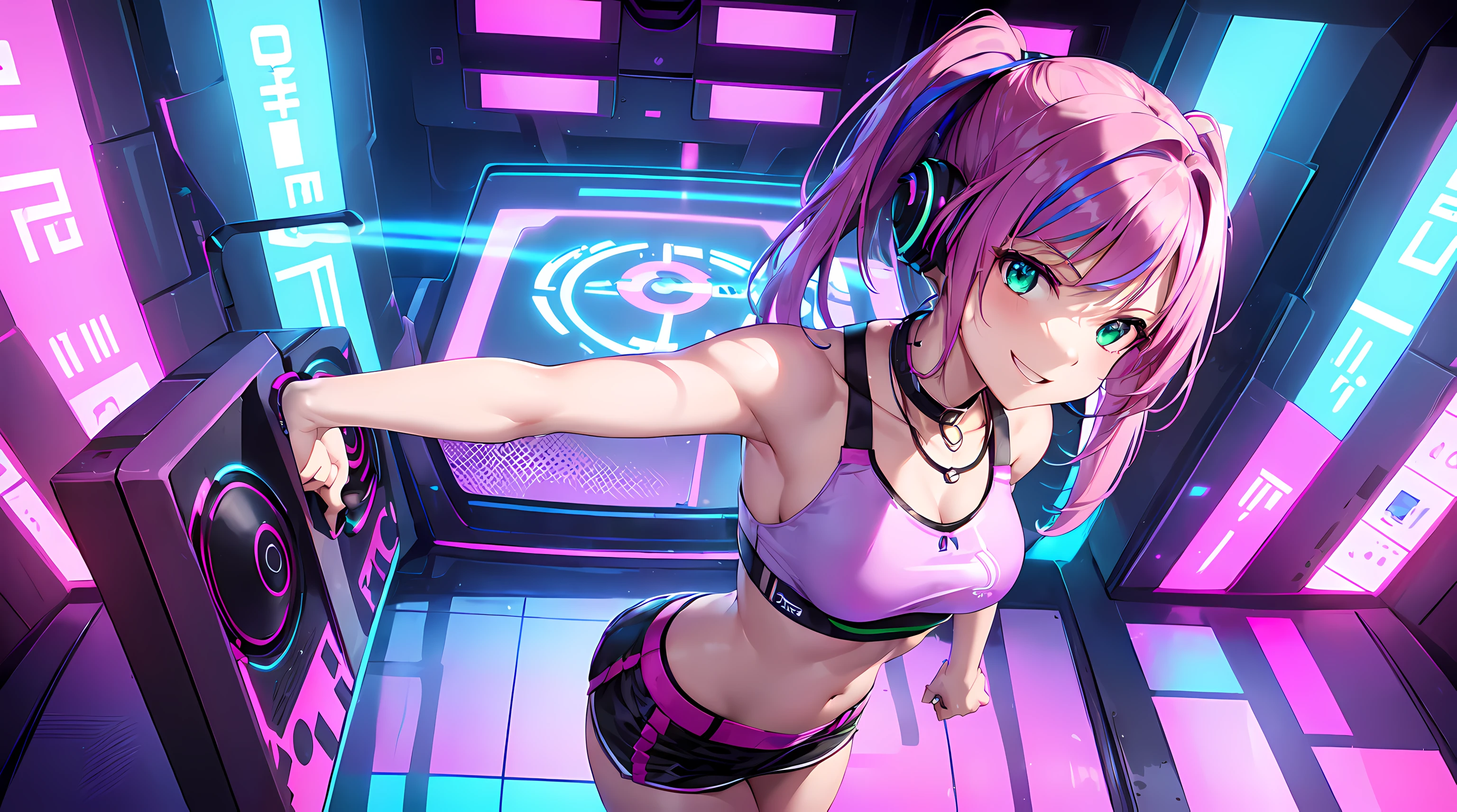 masterpiece, 1girl ((20year old, crop top shirt exposes navel, purple miniskirt, sneakers, medium breasts, multicolor pink hair, twin ponytails, green eyes, flirting, happy, big smile, looking up, headphones, standing behind a DJ booth in a dance club, neon lighting and colorful, futuristic dance club, futuristic and exciting atmosphere)) ((solo)) ((high camera angle, top view))