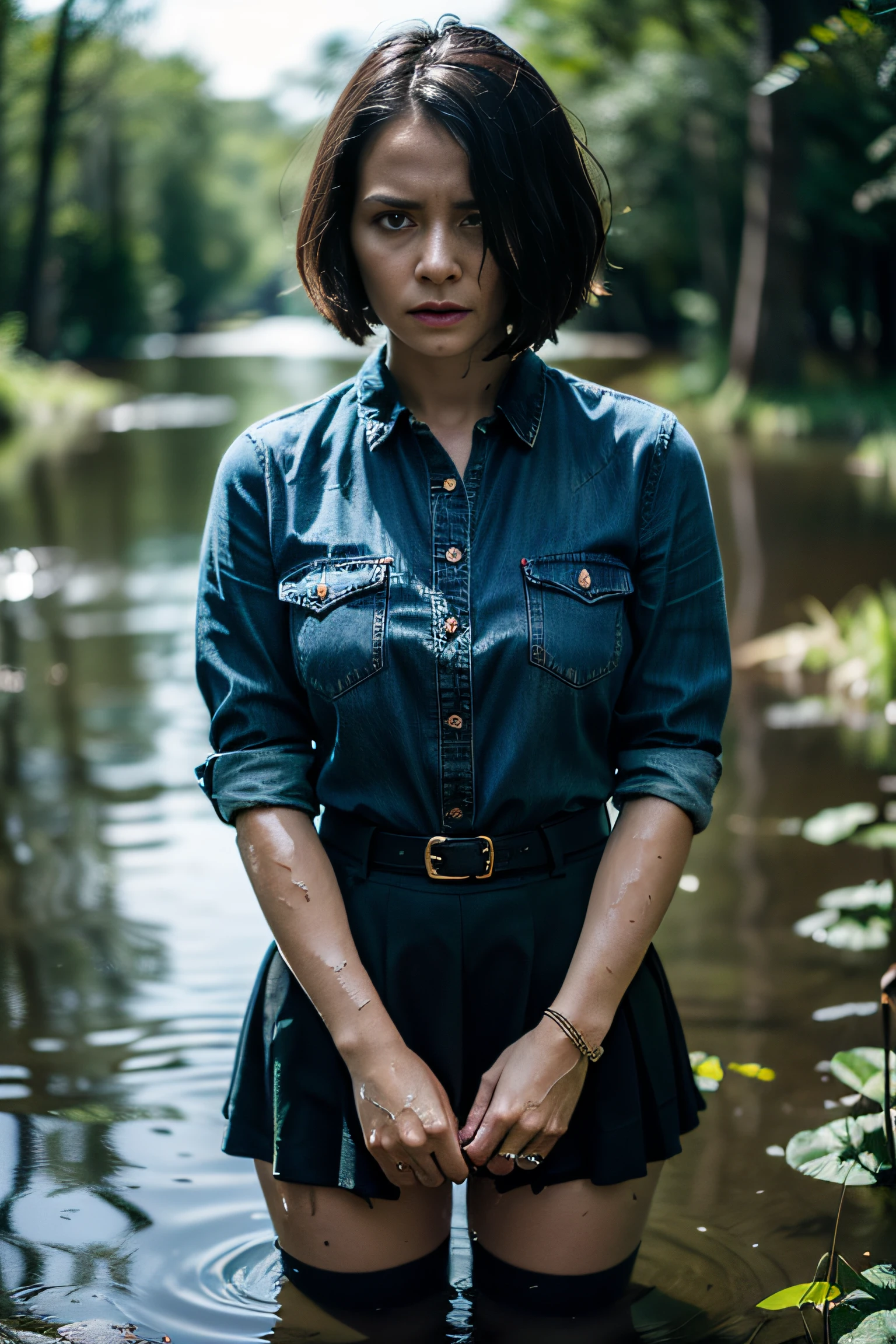 (Best Quality,tmasterpiece,bokeh,ultradetail:1.2),Forest around,Pronounced wrinkles,Bob haircut,jeans skirt,blouse,Stockings with garters, (drowning in a swamp:1.3),Detailed eyes and face,expression of despair,An anxious look,Dark and moody lighting,(Disgrace:1.5),Helpless Hands, Imminent Doom,(Psychological thriller:1.4),