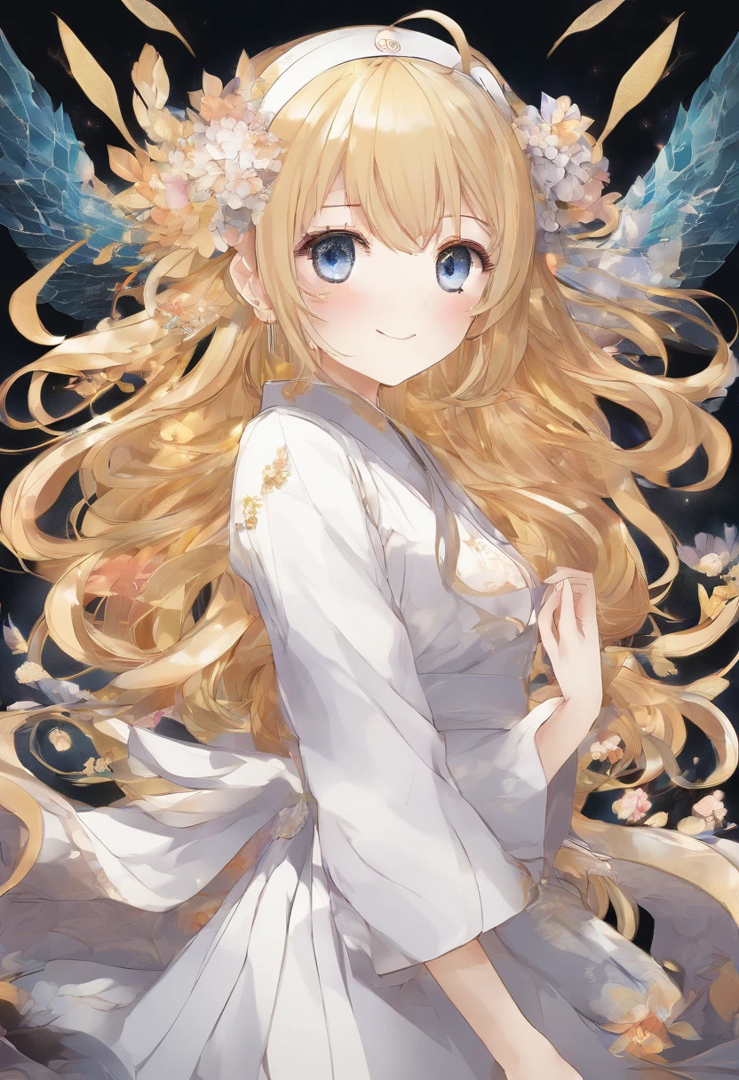 master piece, Best Quality, White background, Whole body, Wide Shot, insanely detailed
, japanese anime style, 1 loli girl, Whole body, Gold hair up on both sides, Odd Eyes, sleeves past wrists, Happy smile
