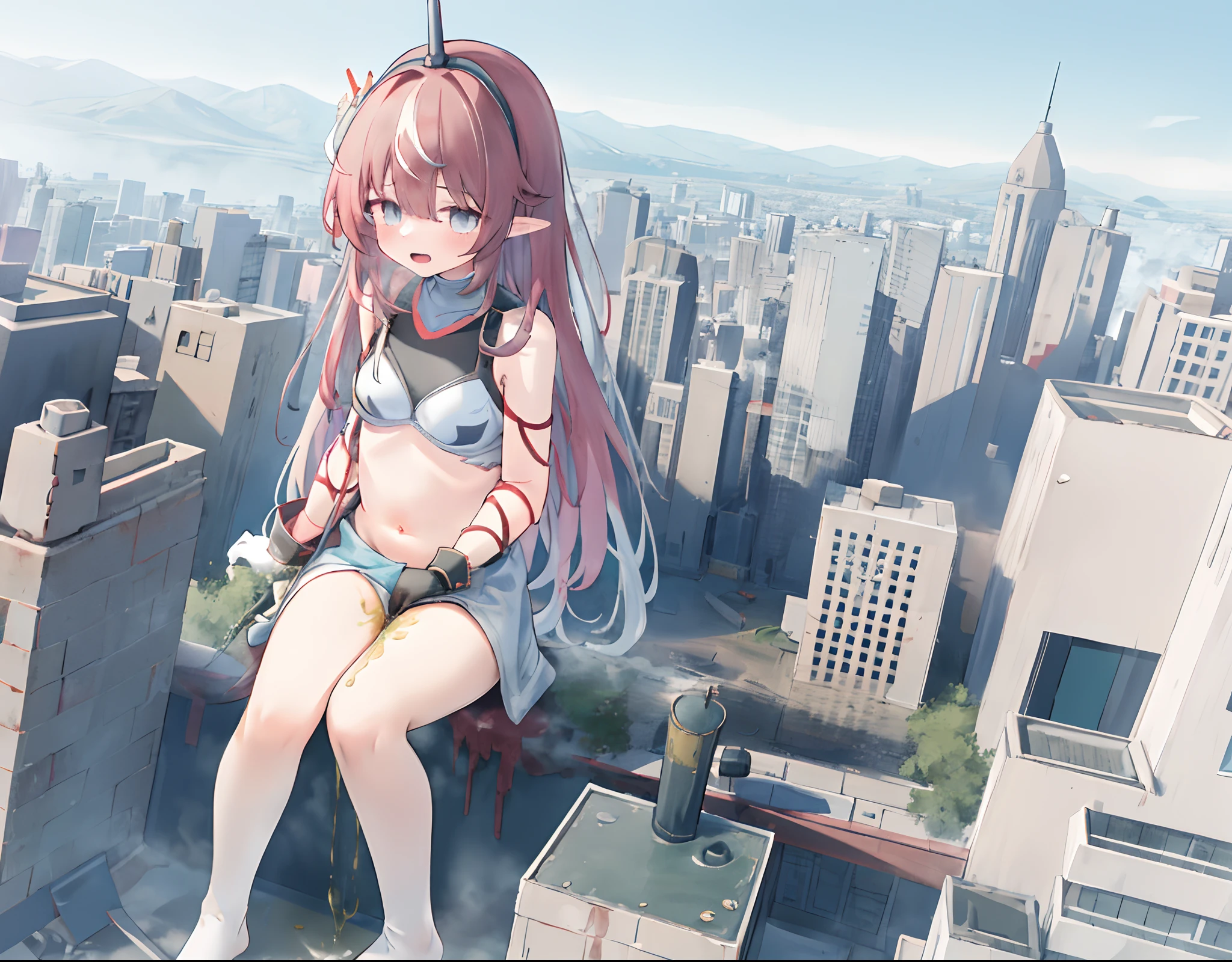 1girll,A giantess,Giantess, City of Miniature,Small lake,best qualtiy:1.3),Cowboy shot,Skysky,Normal,high perspective,Girl,Those who don't wear shoes,No shoes,No shoes,Squat,Squat,Be red in the face,Comfortable expression,diaper,pissing,urine,Nourishes urine,urine squirting,Urine emits steam,Destroyed buildings, full bodyesbian, view the viewer, Medium breasts, Open mouth, Solo,