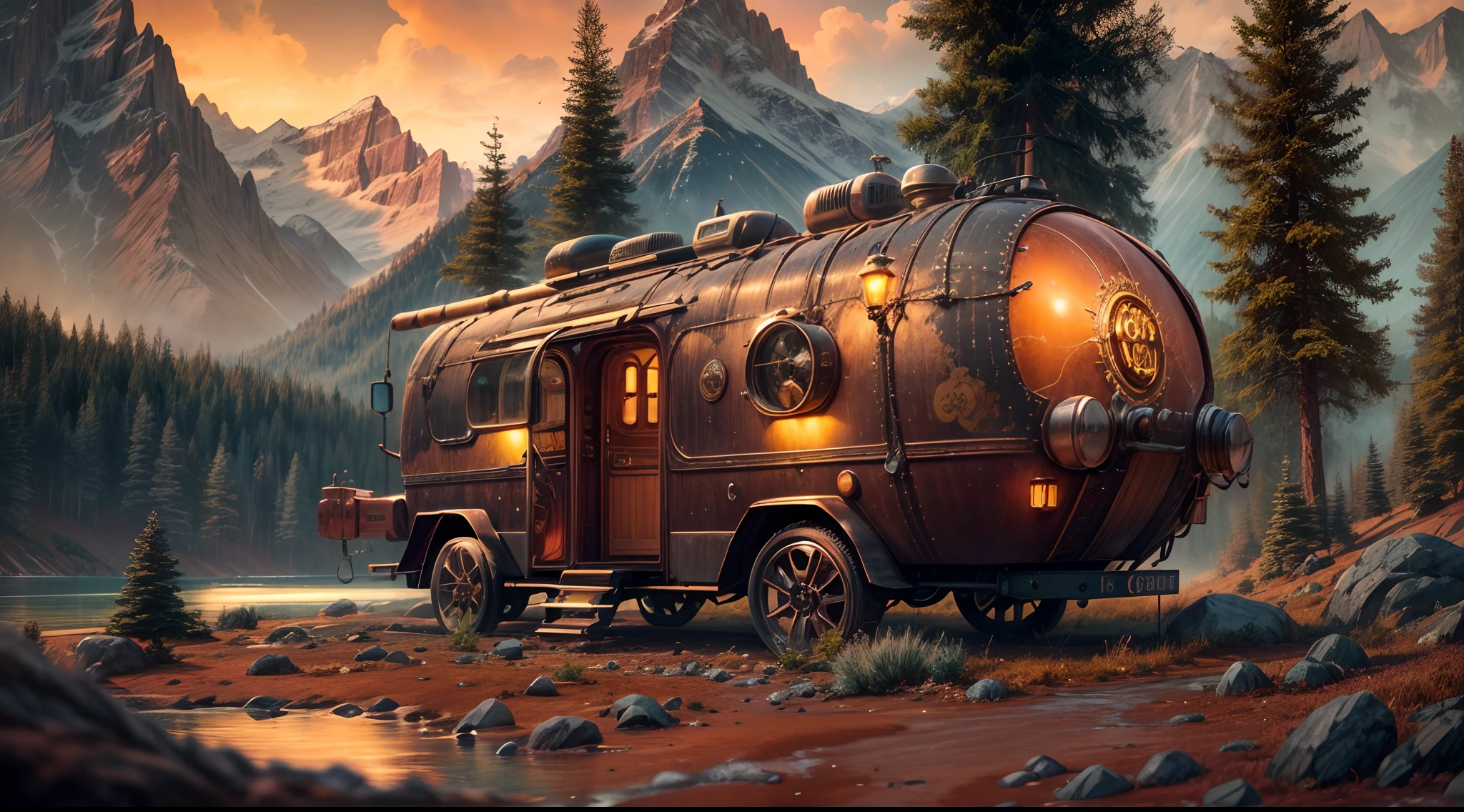 (best quality,4k,8k,highres,masterpiece:1.2),concept art,medium shot,steampunk theme,(steampunk RV vehicle, cozy), mountain lake background, pine trees, vibrant color,volumetric lighting,global illumination,HD