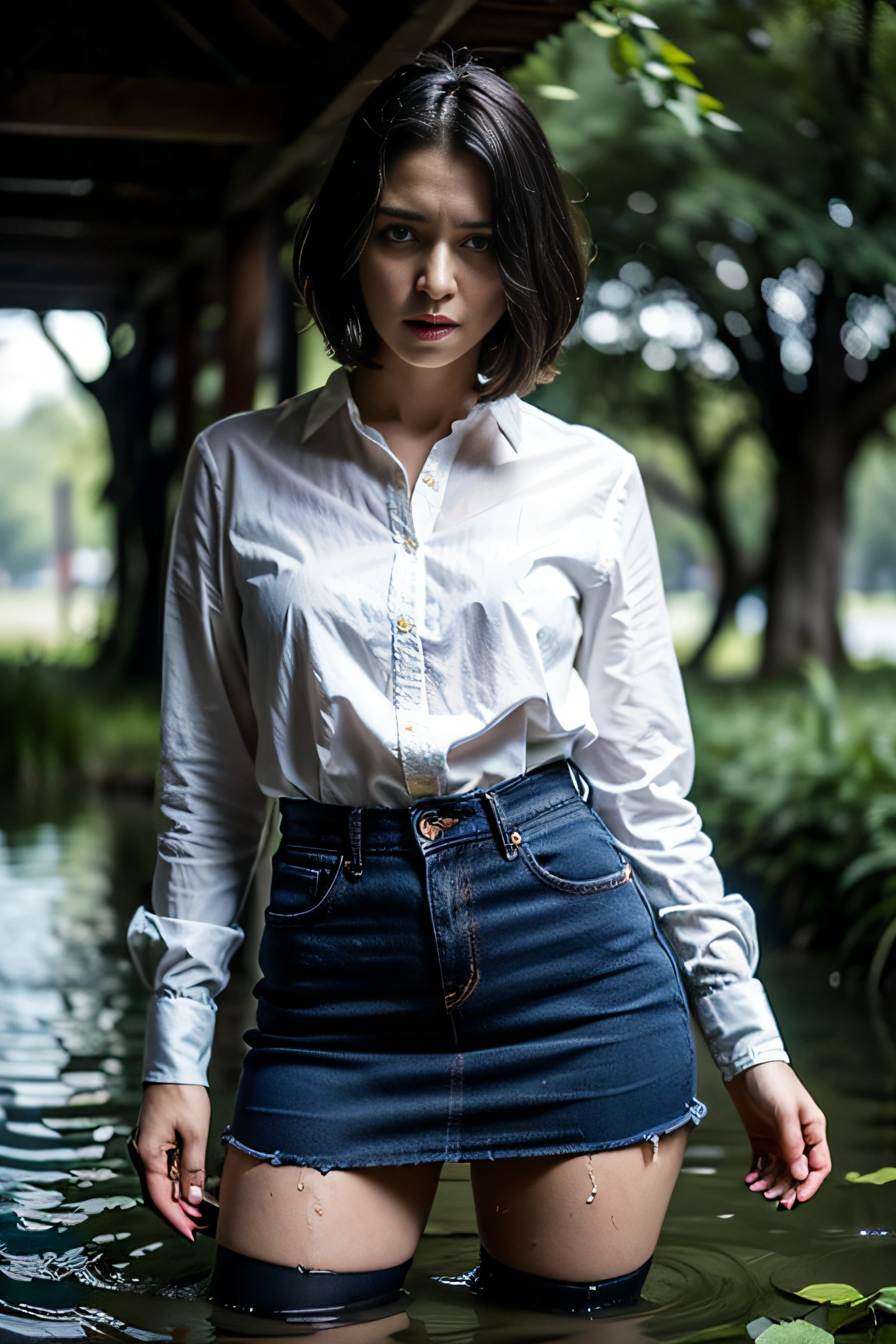 (Best Quality,tmasterpiece,bokeh,ultradetail:1.2),Forest around,Pronounced wrinkles,Bob haircut,jeans skirt,blouse,Stockings with garters, (drowning in a swamp:1.3),Detailed eyes and face,expression of despair,An anxious look,Dark and moody lighting,(Disgrace:1.5),Helpless Hands, Imminent Doom,(Psychological thriller:1.4),