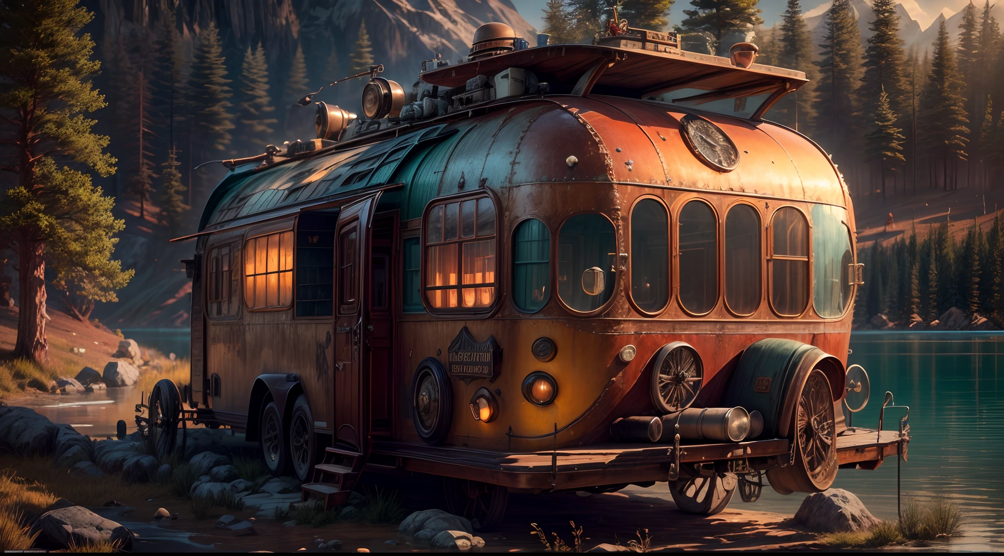 (best quality,4k,8k,highres,masterpiece:1.2),concept art,medium shot,steampunk theme,(steampunk RV vehicle, cozy), mountain lake background, pine trees, vibrant color,volumetric lighting,global illumination,HD