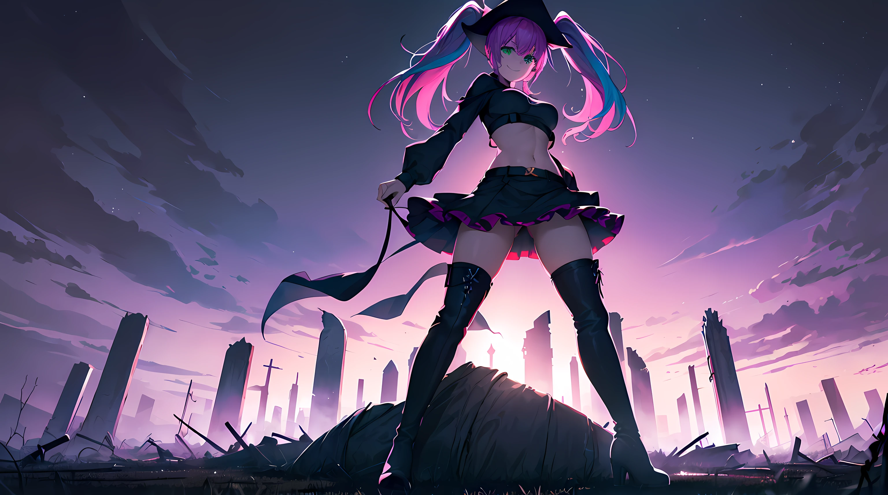 ​masterpiece, 1girl ((20year old, Witches Outfit, Black crop top shirt exposes navel, purple miniskirt, knee-high boots, medium breasts, multicolor pink hair, twin ponytails, green eyes, flirting, happy, big smile, witches hat, standing in a graveyard at night, scary and abandoned castle, dark, scary and spooky night atmosphere)) ((nighttime)) ((solo)) ((low camera angle))