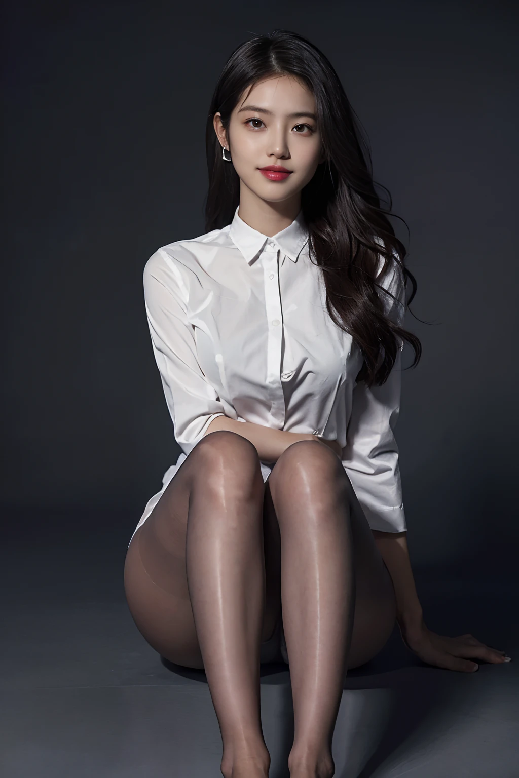 (8K、Raw photography、top-quality、​masterpiece:1.2)、(realisitic、Photorealsitic:1.37)、Professional Studio Lights、ultra-detailliert、超A high resolution、1人、see the beholder、beautifull detailed face、A smile、Constriction、(Slim waist) :1.3)、(((Crystal clear white skin)))、beautifuly detailed skin、Skin Texture、Floating hair、Professional Lighting、Whole human body、Longhaire、japanese hight school uniform、((Ultra mini skirt))、((Wear ultra-realistic pantyhose)), Wearing a jacket naked、Bob Hair、Happy smile、(((full body to the toes)))、(((The front of the uniform is fully open so that the chest is visible......)))、((((Sukesuke ultra-thin fabric tops:1.3 ))))、Black pantyhose、Red high heels、((Sexy pose with legs spread while sitting))、You can see the shape of the nipple through the bra
