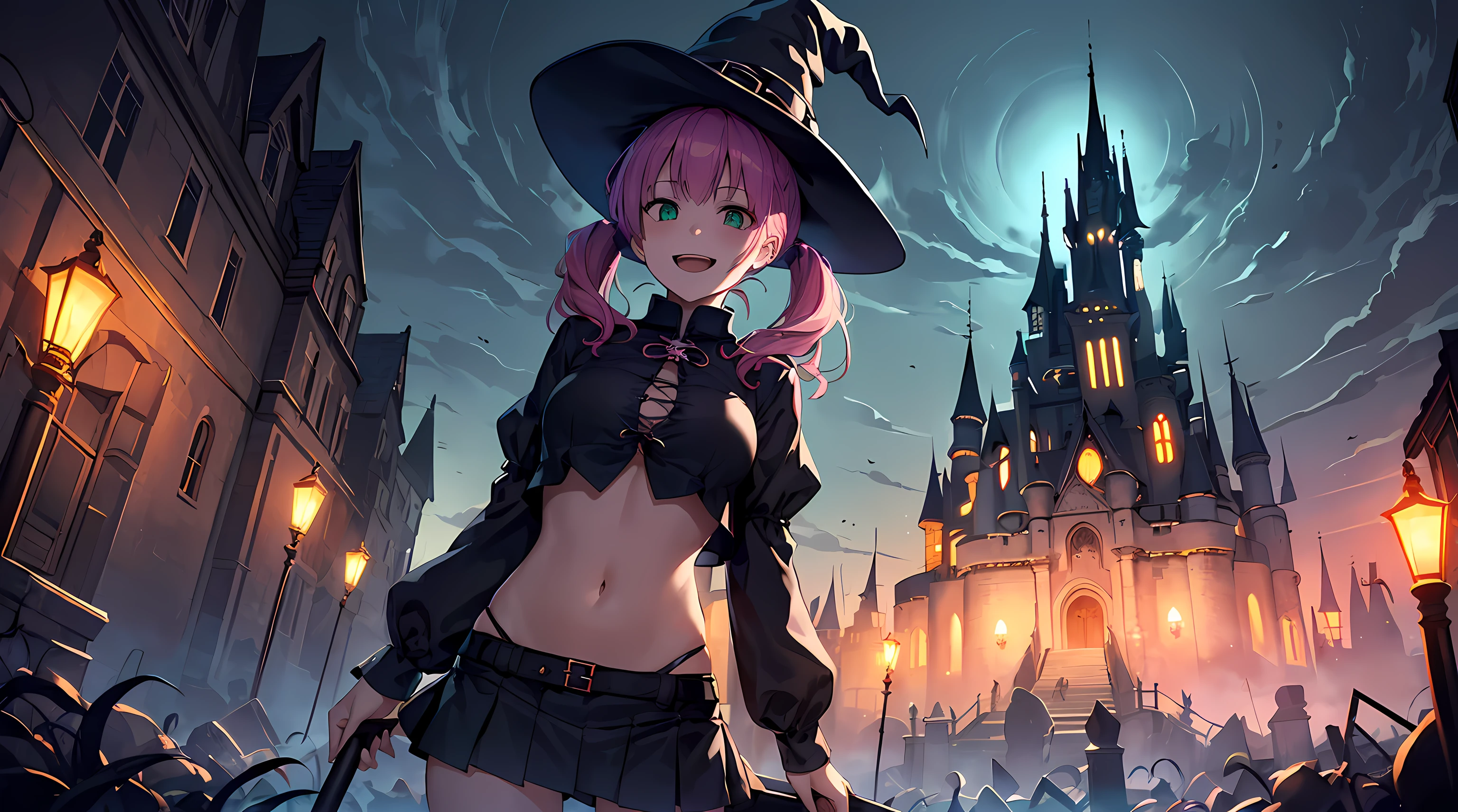 masterpiece, 1girl ((20year old, Witches Outfit, Black crop top shirt exposes navel, purple miniskirt, knee-high boots, thigh high socks, medium breasts, multicolor pink hair, twin ponytails, green eyes, flirting, happy, big smile, witches hat, standing in a graveyard at night, scary and abandoned old Victorian styles homes, dark and spooky night atmosphere)), ((nighttime))