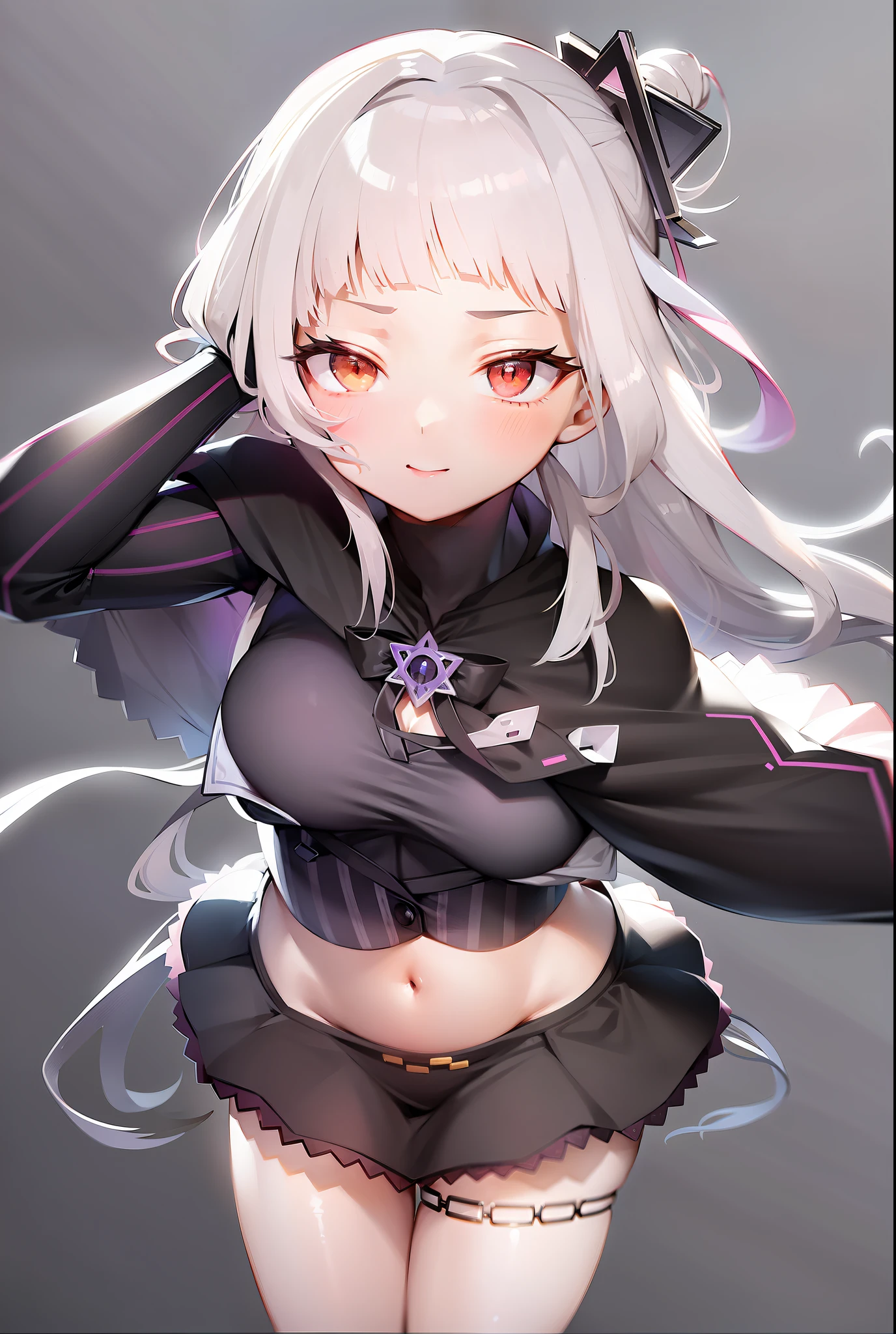 "Make a work of art by vtuber Shion, with abdomen on display, umbigo exposto, Sexy thighs on display, breasts almost visible, olhar sedutor, cintura sexy, fundo de uma praia."