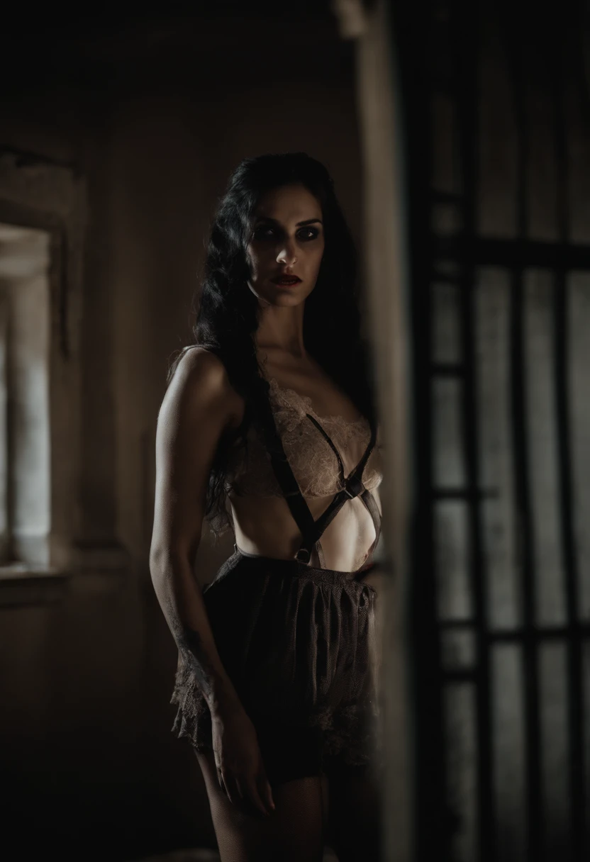 hot zombie girl in a haunted house, realism full body shot, head to foot, black hair, whole body, stockings, suspenders, underwear, lace, transparent