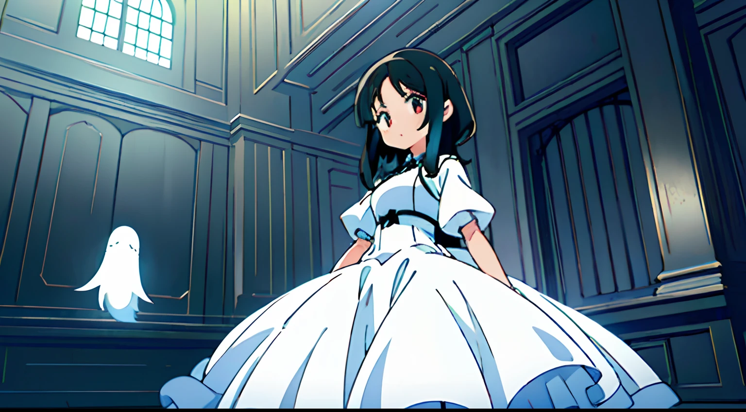Cute girl, ((short, long black hair, big eyes, petite, small, wearing long white gown, ghostly appearance, large breasts,)) haunting a house, misty atmosphere,