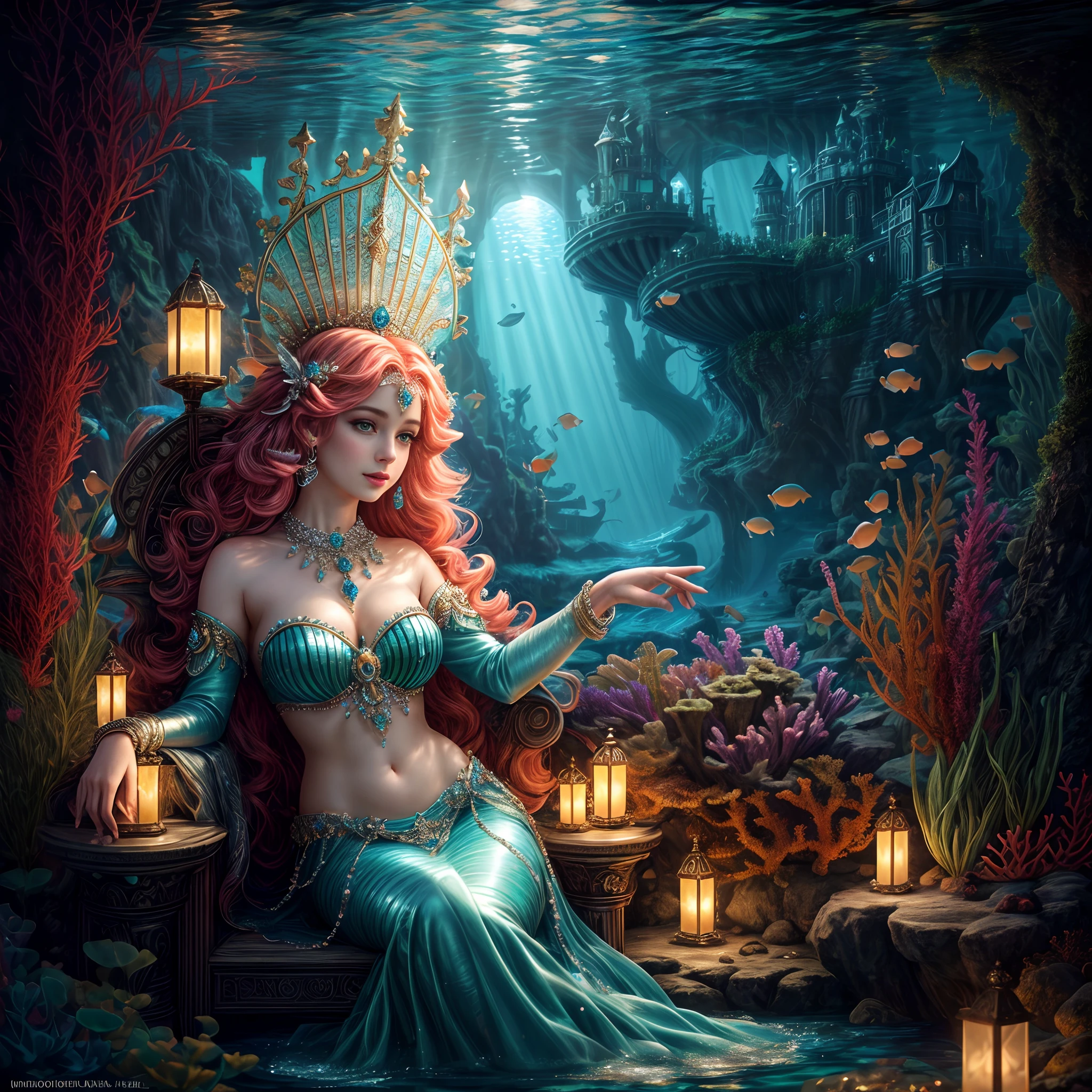 (Best quality,8K,A high resolution,Masterpiece:1.2),Hyper-detailing,(Realistic,Photorealistic,photo-realistic:1.37),an underwater city，(The mysterious deep-sea kingdom of Atlantis，Royal Palace：1.2)，Glowing coral, aquatic plants, Elegant fish，Cute dolphins，Surrounded by beautiful clownfish, Current vortex, The corals, seaweed, Vibrant colors, (Brightly lit,Illuminated) scene, Gorgeous shell throne, Cute little mermaid queen, Detailed face, Decorated with pearl and shell jewelry，1.4x realism，high qulity，Rich background, Realistic painting style, Style expressions