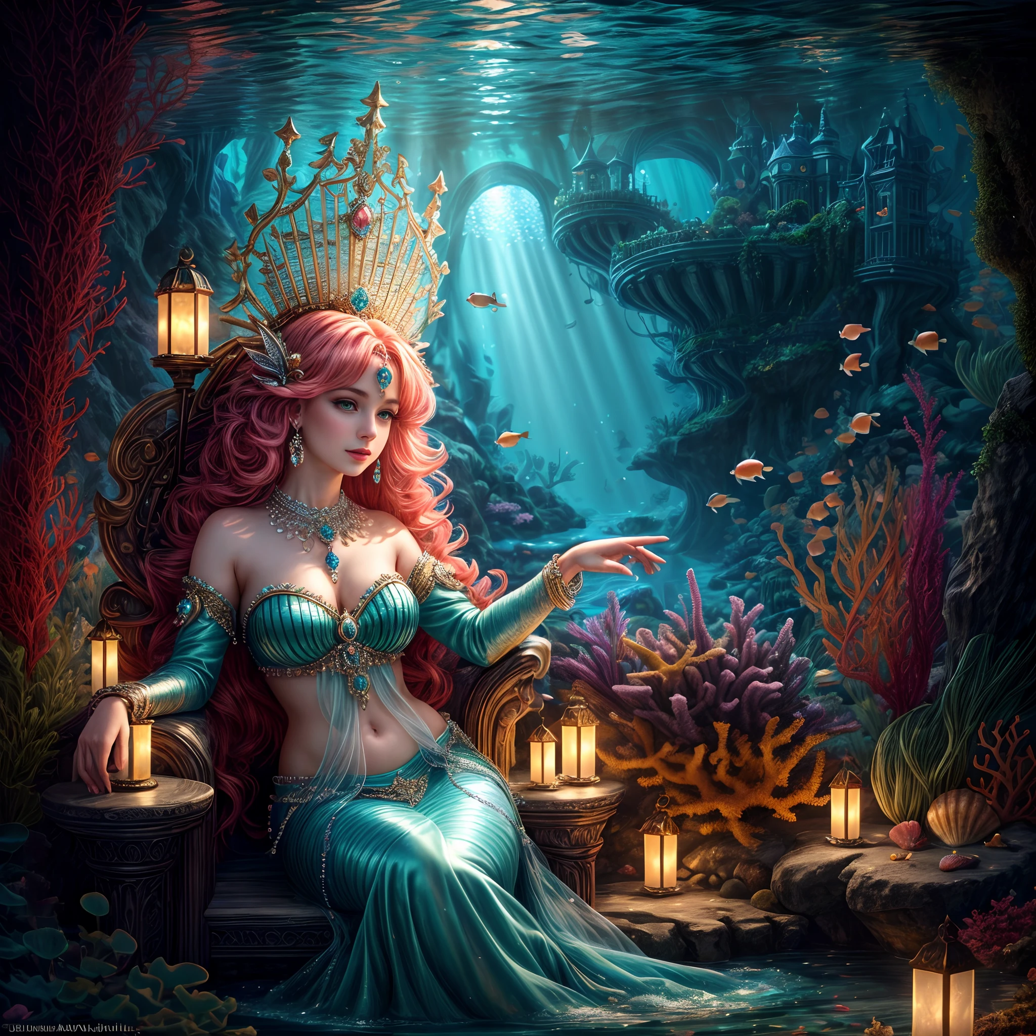 (Best quality,8K,A high resolution,Masterpiece:1.2),Hyper-detailing,(Realistic,Photorealistic,photo-realistic:1.37),an underwater city,(The mysterious deep-sea kingdom of Atlantis,Royal Palace:1.2),Glowing coral, aquatic plants, Elegant fish,Cute dolphins,Surrounded by beautiful clownfish, Current vortex, The corals, seaweed, Vibrant colors, (Brightly lit,Illuminated) scene, Gorgeous shell throne, Cute little mermaid queen, Detailed face, Decorated with pearl and shell jewelry,1.4x realism,high qulity,Rich background, Realistic painting style, Style expressions
