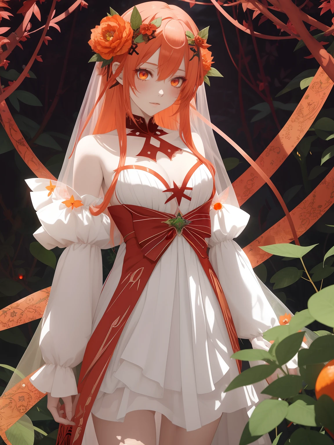 Anime game Arcane Garden's of the Great White Empire - A fairy named Babel, long light copper hair, an orange dress made of a cloth and many ribbons, many scarlet ribbons in her hair, a purple flower of lucoris and a hairpin in the form of a scarlet cross in her hair, orange eyes, one eye has a scarlet snake pupil in the form of a cross, large copper butterfly wings with patterns of crosses behind her back, green long ribbons wrapping around the legs, a translucent green cloak-veil, surrounded by mysterious spatial crosses and floating copper crosses, stands near a large tree of the Copper Garden