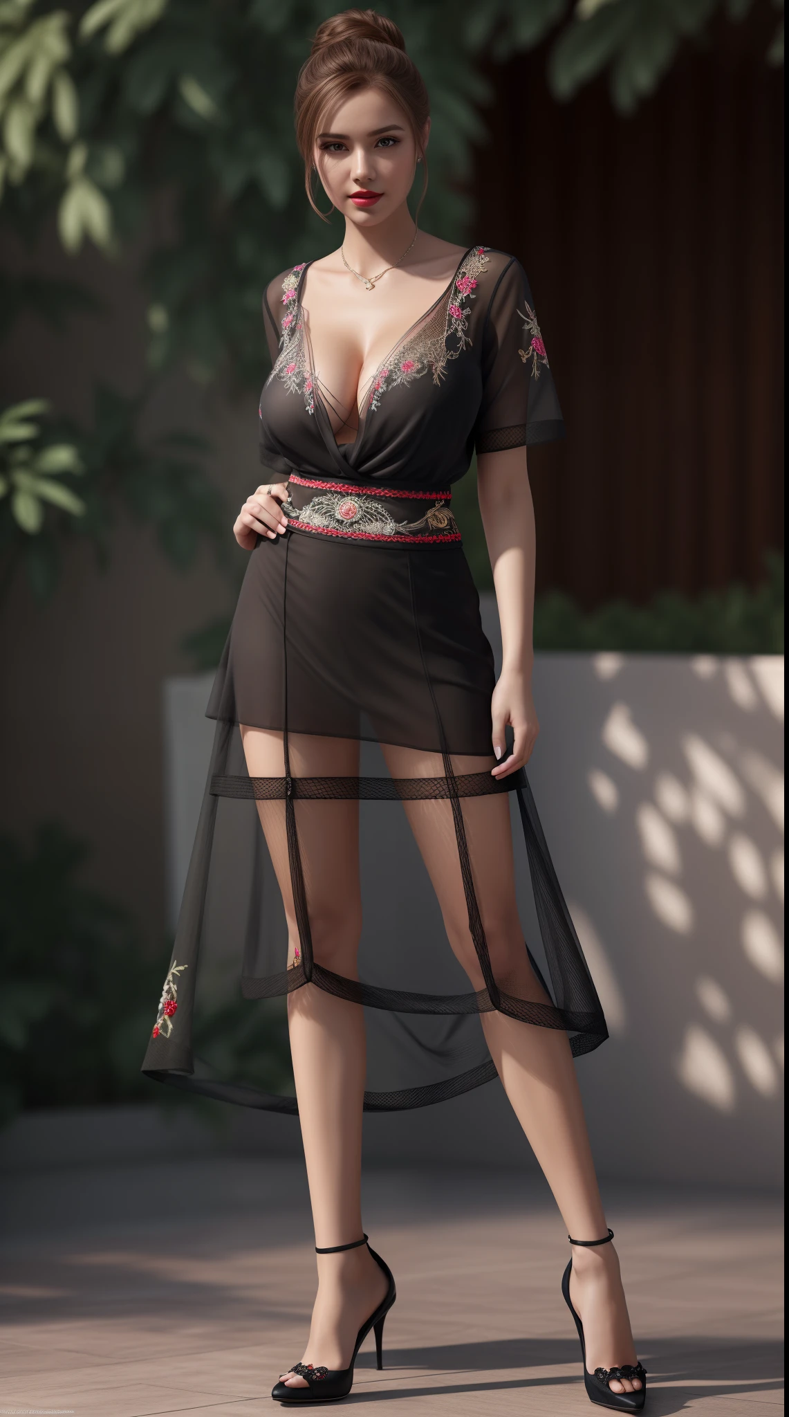 (full body shot:1.5), (front view:1.2), (Masterpiece:1.1), standing position, 1girl, solo girl, 20 year old girl, ultra realistic face, hyperrealistic, hyperdetailed, (looking at viewers), sharpen, detailed face, detailed eyes, detailed lips, red lips, beautiful face, 16k, FHD, raw photo, cute face mesh, pretty face mesh, beautiful hair style, hair tied, intricate, extremely detailed, (perfect breast, perky boobs, close cleavage), scattering surface, ultra realistic texture, smooth skin, realistic face, red lip, glow face, very_high_resolution, perfect figure beautiful curved body, fit body, (elegant high heel), club hair ornament, (realistic photos) (highest quality), shot with Canon EOS R5, 50mm lens, f/2.8, HDR, (wallpaper) (sharp focus) (complex), (beautiful net blouse, embroidery flared
asymmetric skirt, gorgeous dress:1.37), (outdoor background), (thighs garter strap),