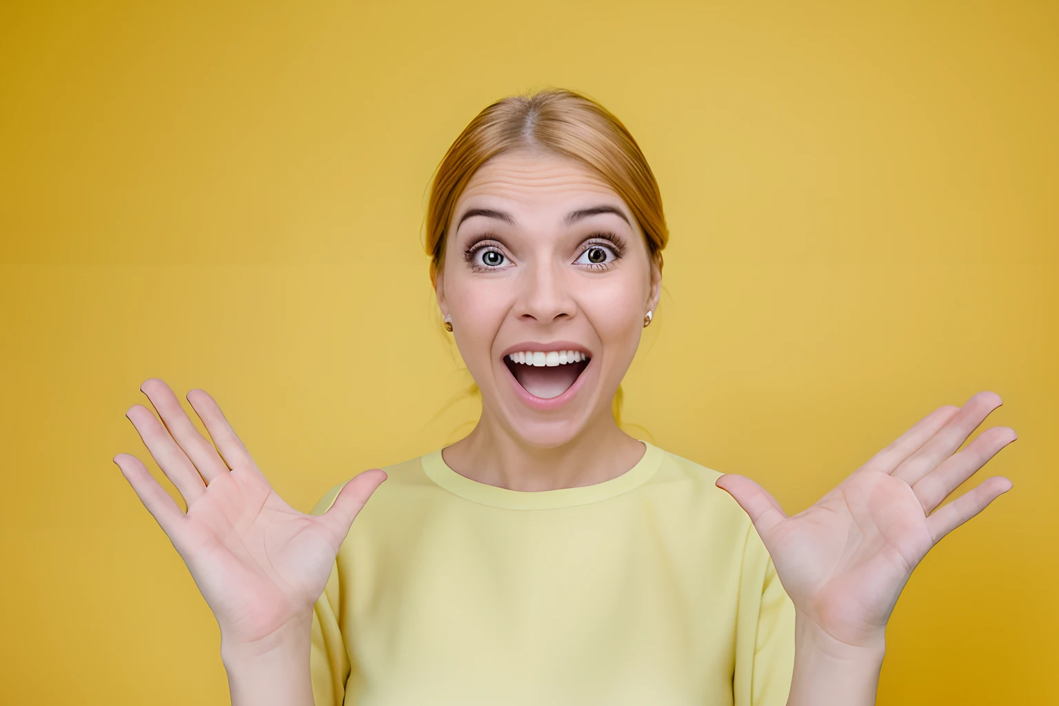 Woman with open hands and a surprised look on her face, excited facial expression, excited expression, expressive happy smug expression, excitado, she is smiling and excited, surprised expression on her face, muito animado, expressive surprised expression, ela expressando alegria, surprised expression, ecstatic facial expression, todos excessivamente animados, shocked expression on her face, cara divertida e brincalhona boba