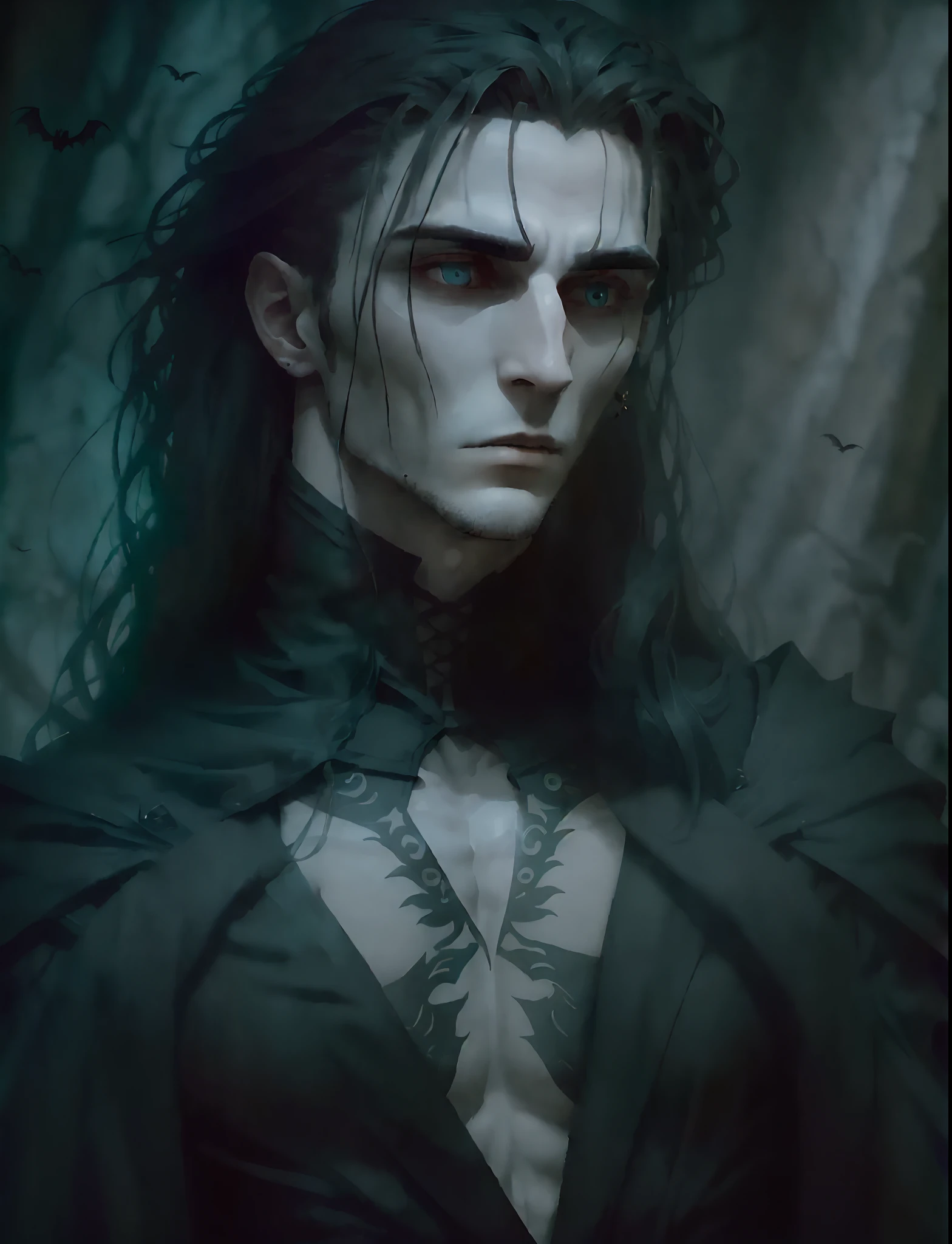 Create an cinematic image of a handsome vampire who has just woken up from a deep sleep，A vampire should be depicted as an elegant and powerful creature，He has long, flowing hair and angular features，Their skin should be pale and flawless，With a touch of otherworldly subtlety。Vampire eyes should be deep and seductive，With a predatory glow，Hinting at their insatiable greed for blood，They should wear clothing that is both modern and timeless，Its style alludes to the long history of human life，When they wake up from a deep sleep，Vampires should show a calm self-confidence，Exudes an aura of danger and intrigue，The background should be shrouded in shadows，Only a hint of moonlight passed through the darkness，In the hands of vampires，There should be a small vial of blood，is drawn from their newest victim，Vampires should be content and slightly uneasy about their hunger，As if they are aware of the danger they pose to those around them，Gothic art style，ultra-realistic realism，Psychedelic surrealist art，Surrealist psychedelic design，dream art style，Illusion psychedelic art，Quality quantity, Skin texture, Intricate details, (Cinematic lighting), RAW photo, 8K --auto --s2
