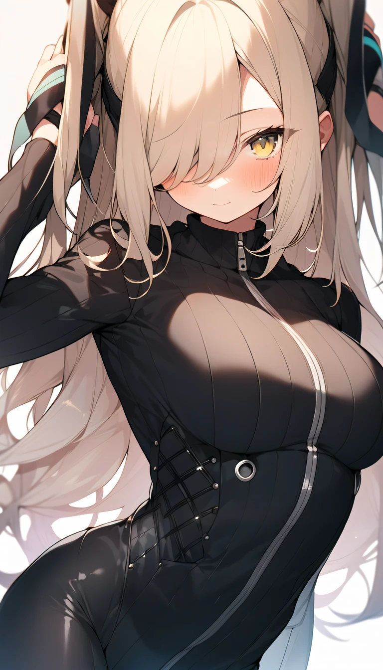 1girl, solo, blonde hair, long hair, yellow eyes, hair over one eye, looking at viewer, very long hair, bodysuit, closed mouth, blush, breasts