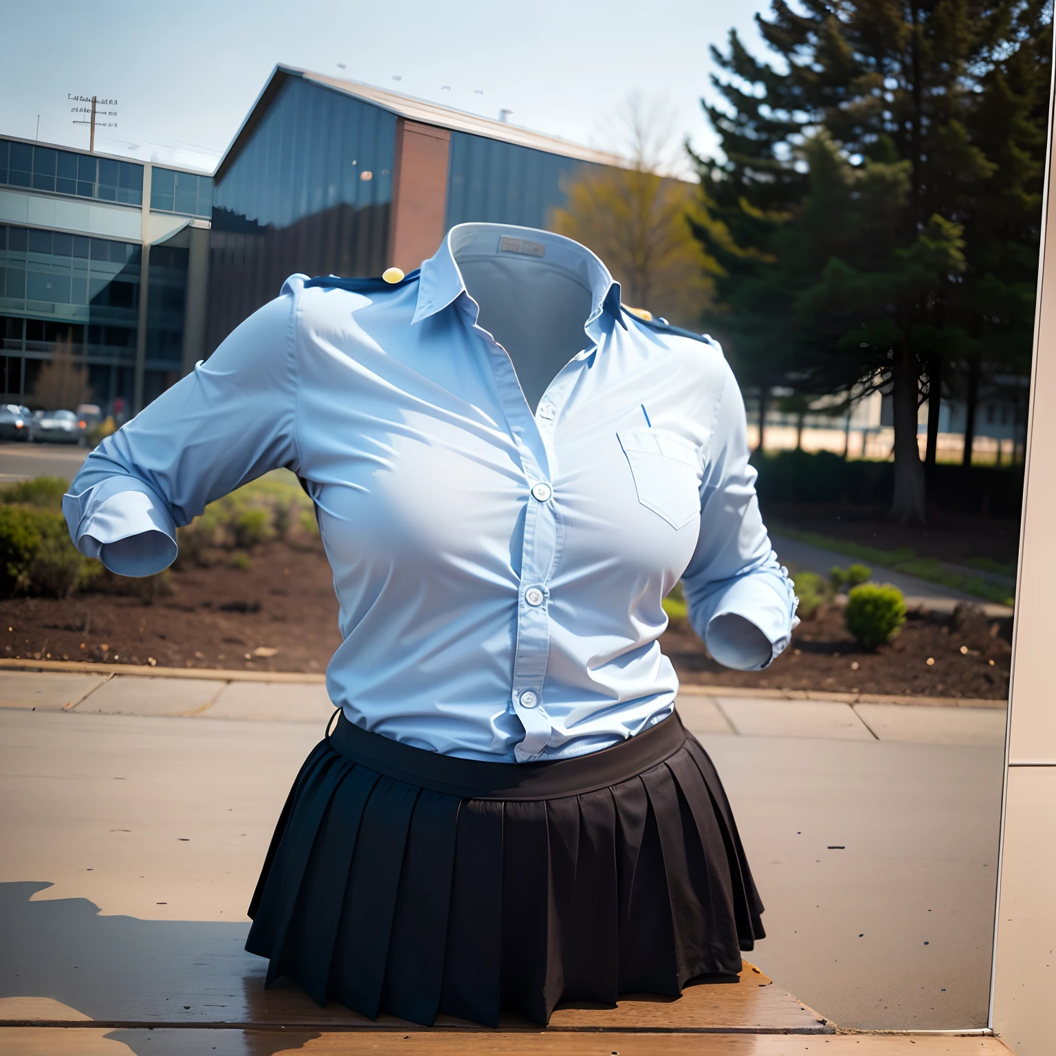 school uniforms, ((invisible, no humans:1.5, headless:1.5, handless, legless)), (detailed), (photo realistic:2), (photon mapping), (8k), (squat)