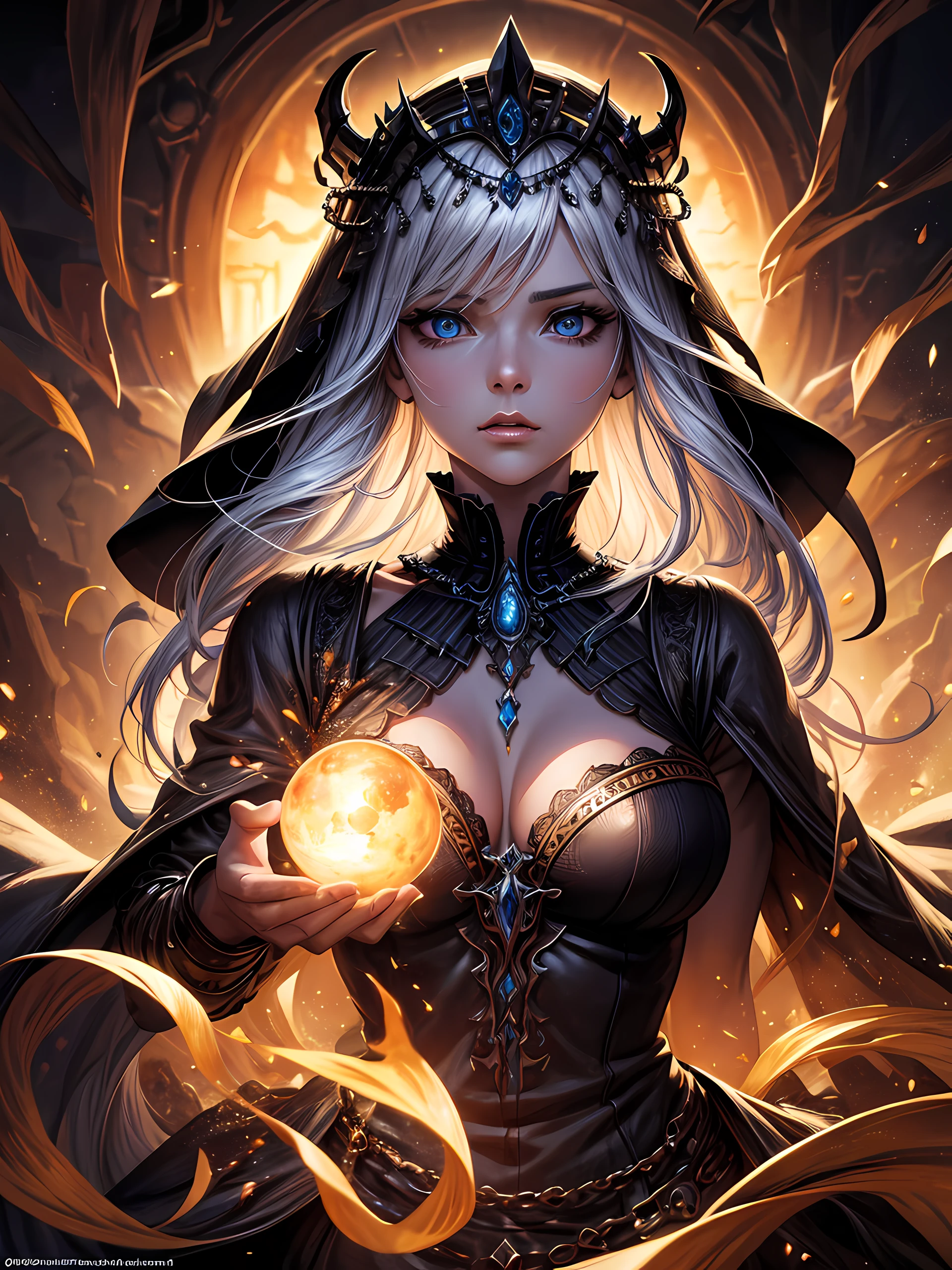 Top quality, Photorealistic, 8K, High Definition, absurd res, high res, ultra sharp, masterpiece, (masterpiece), best quality, expressive eyes, perfect face, Super eyes, masterpiece, highly detailed exquisite character art, epic fantasy digital art style, detailed digital 2d fantasy art, ultra-realistic, ebony woman queen, black goddess, necromancy sorcery, skeletons, goddess of the underworld, royalty robes, queen, skull crowns, god rays