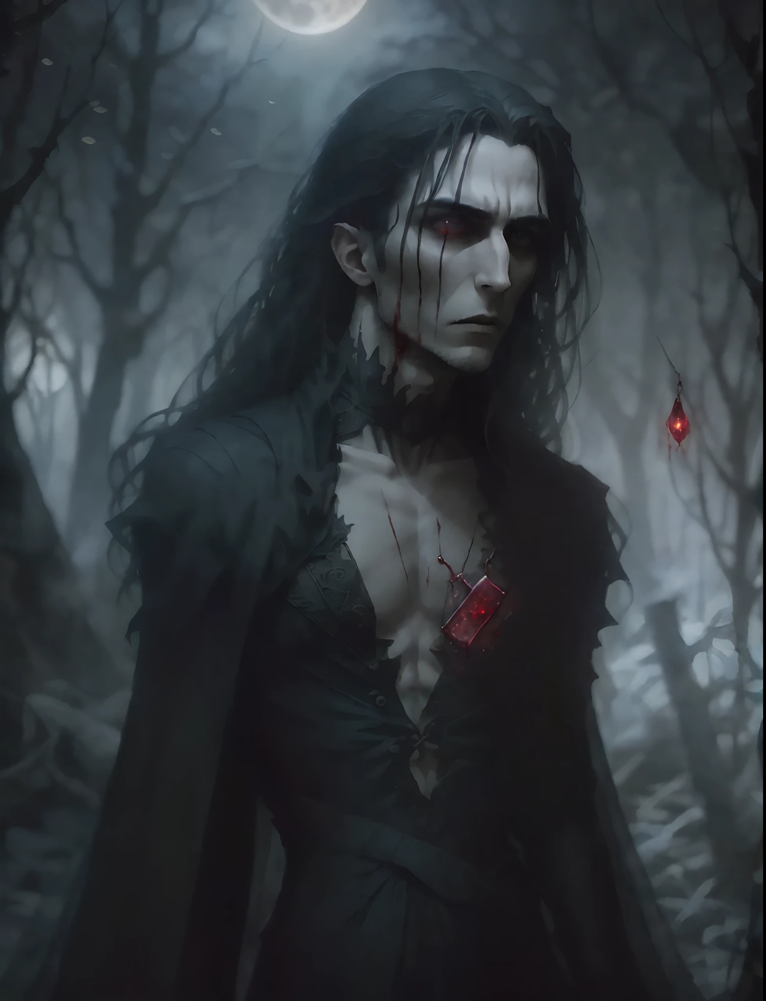 Create an cinematic image of a handsome vampire who has just woken up from a deep sleep,A vampire should be depicted as an elegant and powerful creature,He has long, flowing hair and angular features,Their skin should be pale and flawless,With a touch of otherworldly subtlety。Vampire eyes should be deep and seductive,With a predatory glow,Hinting at their insatiable greed for blood,They should wear clothing that is both modern and timeless,Its style alludes to the long history of human life,When they wake up from a deep sleep,Vampires should show a calm self-confidence,Exudes an aura of danger and intrigue,The background should be shrouded in shadows,Only a hint of moonlight passed through the darkness,In the hands of vampires,There should be a small vial of blood,is drawn from their newest victim,Vampires should be content and slightly uneasy about their hunger,As if they are aware of the danger they pose to those around them,Gothic art style,ultra-realistic realism,Psychedelic surrealist art,Surrealist psychedelic design,dream art style,Illusion psychedelic art,Quality quantity, Skin texture, Intricate details, (Cinematic lighting), RAW photo, 8K --auto --s2
