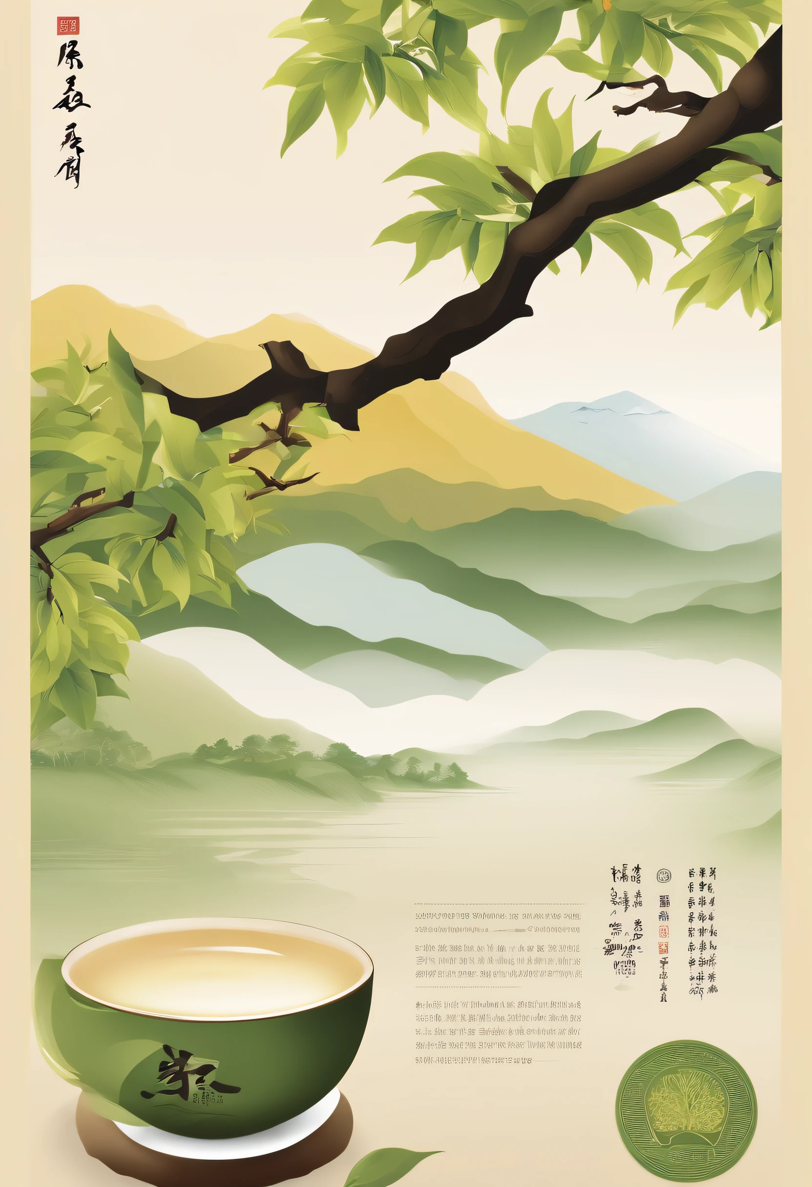 The following is a scene description of the Sanqing Mountain White Tea packaging poster：

On this packaging poster of Sanqing Mountain White Tea，The first thing that catches your eye is a fresh and elegant picture。The background of the poster is Sanqing Mountain，This mountain range is known for its beautiful scenery and rich cultural heritage。In the center of the poster，It is a cluster of tea trees full of life，The young shoots of tea trees sway in the wind，It's like a dynamic picture of nature。

In the tea bush，A stream of clear springs pouring down from the mountains，It is a stark contrast to the surrounding greenery。Above the poster is the name of Sanqing Mountain White Tea，The font design is elegant and modern，Harmonious unity with the background of tea trees and landscapes。

In the lower right corner of the poster，A cup of brewed white tea is subtly depicted，The tea is light yellow，The tea leaves dance gently in the cup，Exudes an enticing tea aroma。This design not only shows the beauty of Sanqing Mountain White Tea，It also hints at the excellent quality and unique taste of this tea。

ao mesmo tempo，The poster also attached some text introduction about Sanqing mountain white tea，Such as "rare white tea from Sanqing Mountain."，The aroma is fresh and full-bodied，The soup is bright yellow in color。etc，Let consumers understand the characteristics and advantages of this tea in the first time。

generally，This packaging poster passes through a beautiful design and a unique perspective，The natural beauty of Sanqing Mountain White Tea、The quality and unique taste are vividly displayed，So that consumers can feel its elegant quality and profound cultural connotation at first glance。