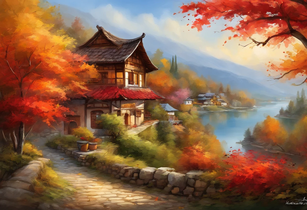 (best quality,4k,8k,highres,masterpiece:1.2),ultra-detailed,(realistic,photorealistic,photo-realistic:1.37),beautifully colored, vibrant atmosphere, stunning visuals, vivid landscape, picturesque village, traditional Japanese architecture, charming thatched-roof houses, scenic beauty, tranquil ambiance, scenic view of the village, fall foliage, vibrant autumn colors, red leaves, golden leaves, colorful trees, breathtaking beauty, mesmerizing scenery, peaceful environment, serene paradise, cultural heritage, historical site, nostalgic charm