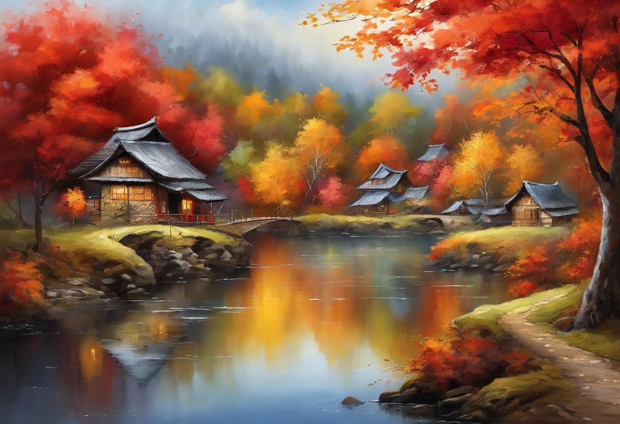 (best quality,4k,8k,highres,masterpiece:1.2),ultra-detailed,(realistic,photorealistic,photo-realistic:1.37),beautifully colored, vibrant atmosphere, stunning visuals, vivid landscape, picturesque village, traditional Japanese architecture, charming thatched-roof houses, scenic beauty, tranquil ambiance, scenic view of the village, fall foliage, vibrant autumn colors, red leaves, golden leaves, colorful trees, breathtaking beauty, mesmerizing scenery, peaceful environment, serene paradise, cultural heritage, historical site, nostalgic charm