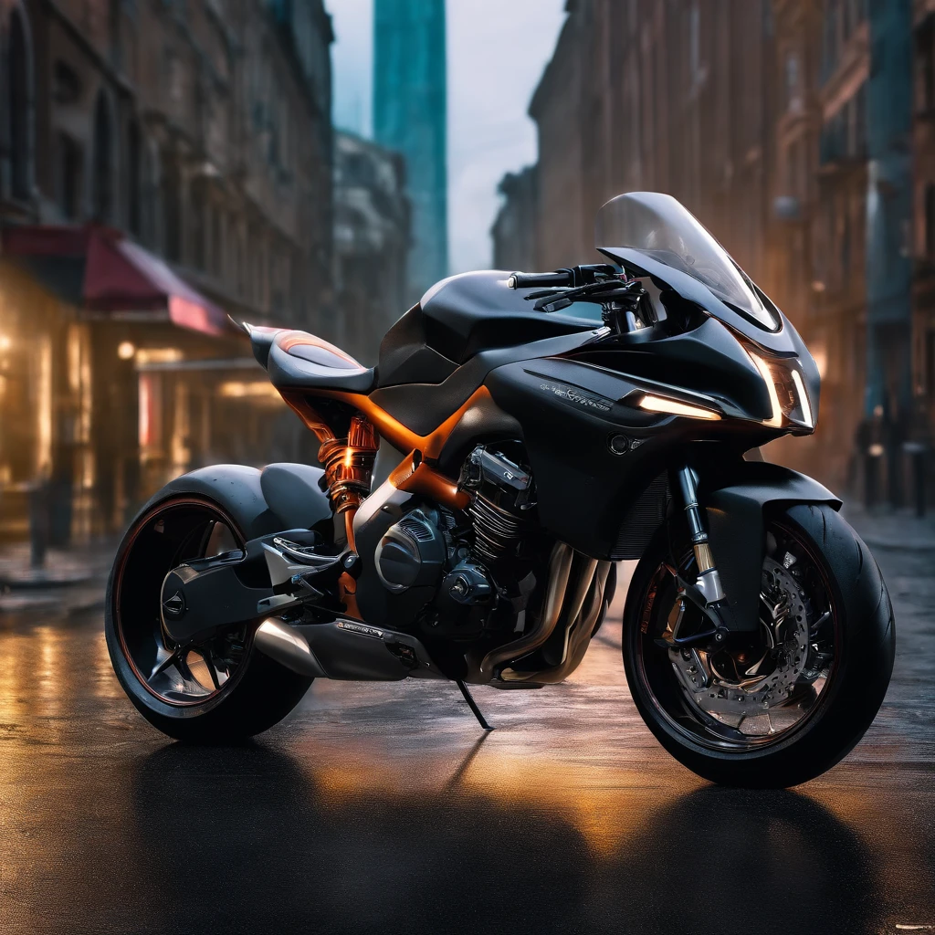 Photorealistic art, Futuristic motorcycle, Elegant design, State-of-the-art technology, Dynamic angles, Knight in High-Tech Armor, intensegaze, Leaning to curve, Urban landscape background, Neon-lit street, Rain-soaked pavement, Reflection of wet surfaces, Dramatic Lighting, City Pulse Capture, Cinematic feel, Spring 85mm, Sony A7III, Shallow depth of field, Vivid color grading, post apocalyptic atmosphere, Adrenaline-fueled energy.